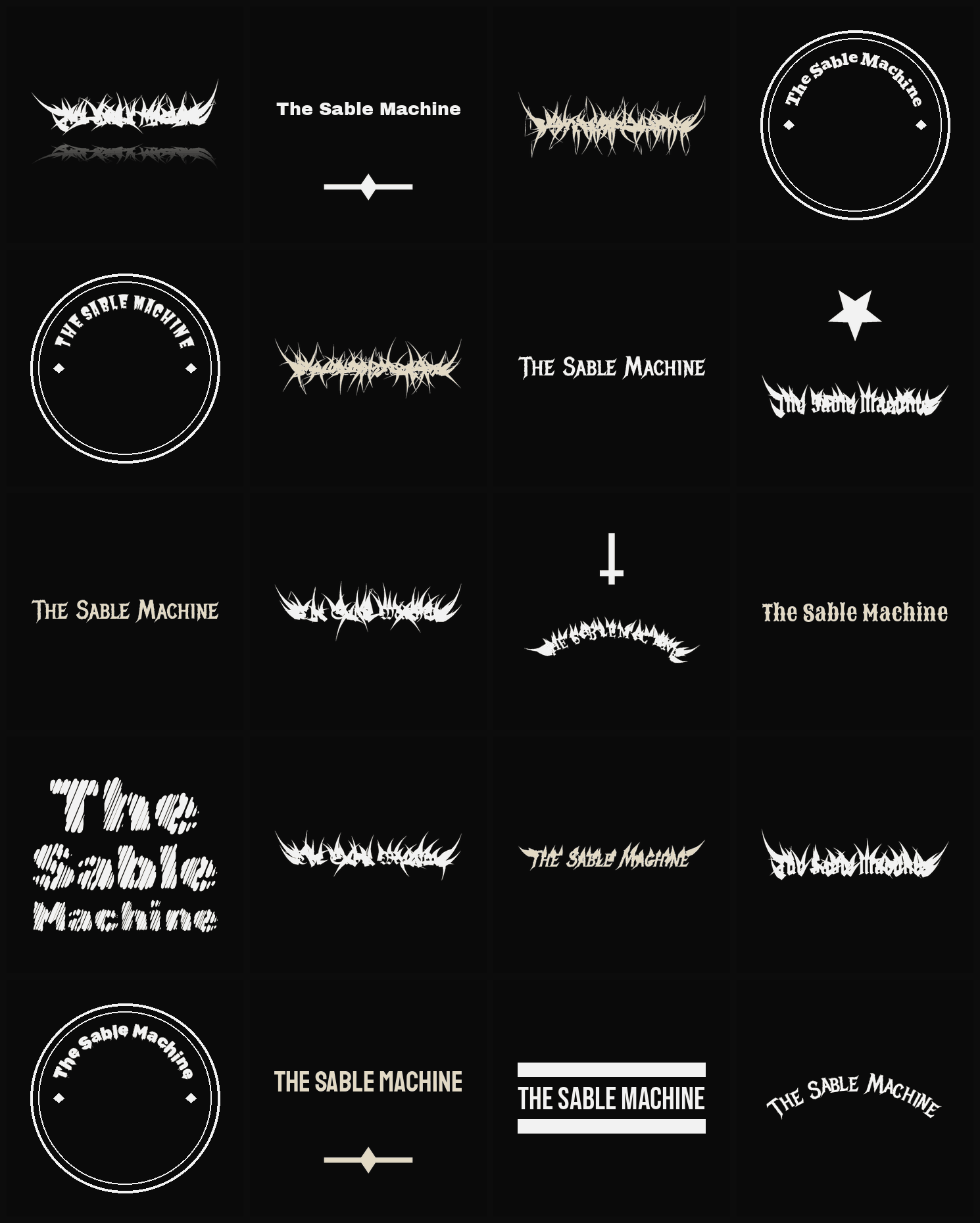 Twenty The Sable Machine band logo ideas — different faces, treatments and spike settings