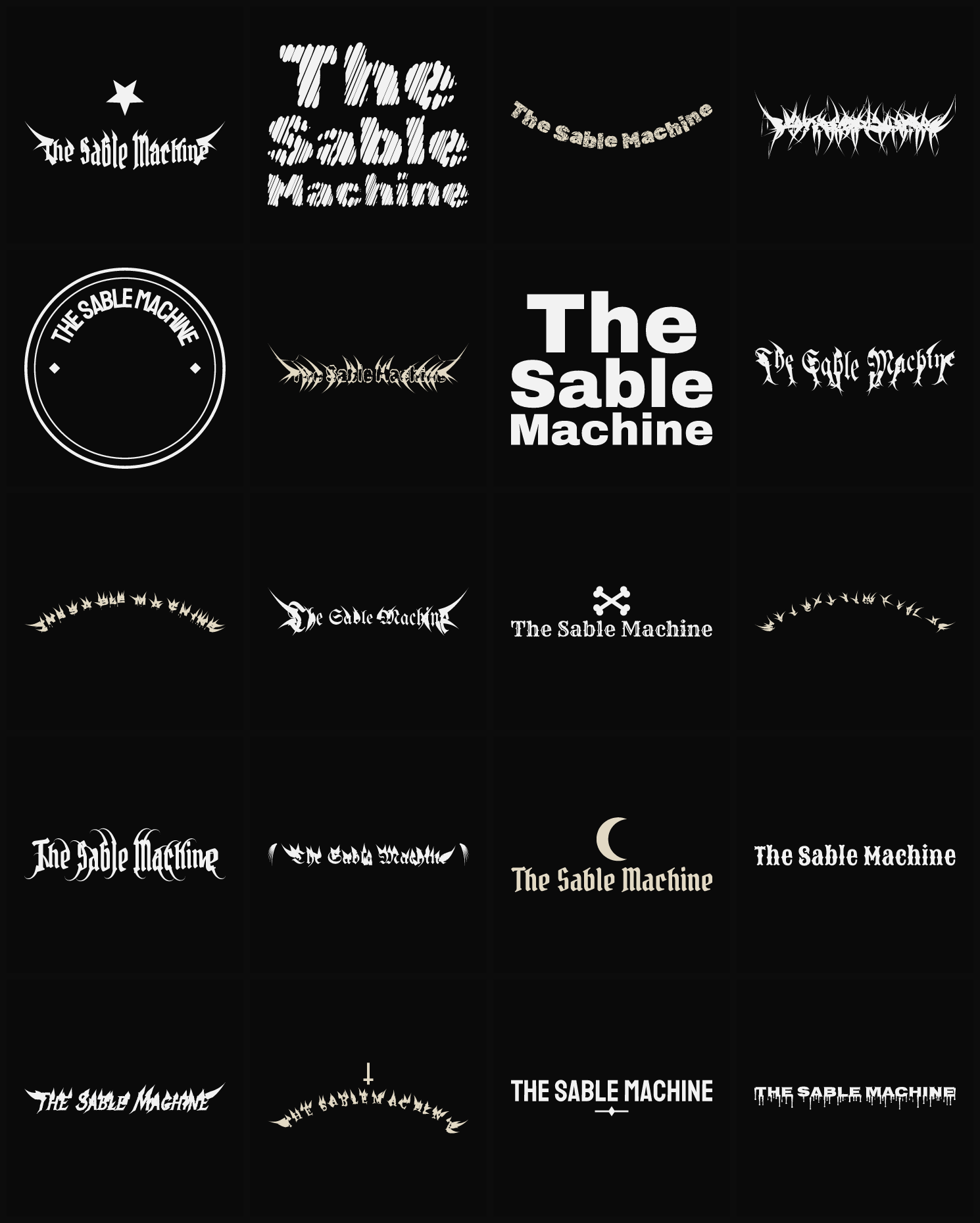 Twenty The Sable Machine band logo ideas — different faces, treatments and spike settings