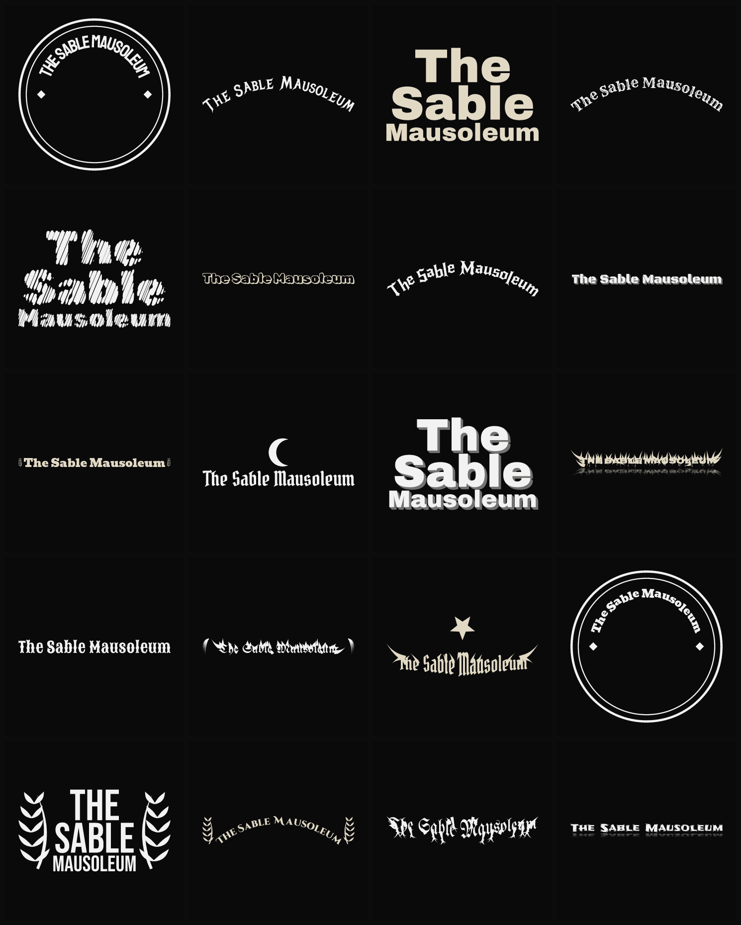 Twenty The Sable Mausoleum band logo ideas — different faces, treatments and spike settings