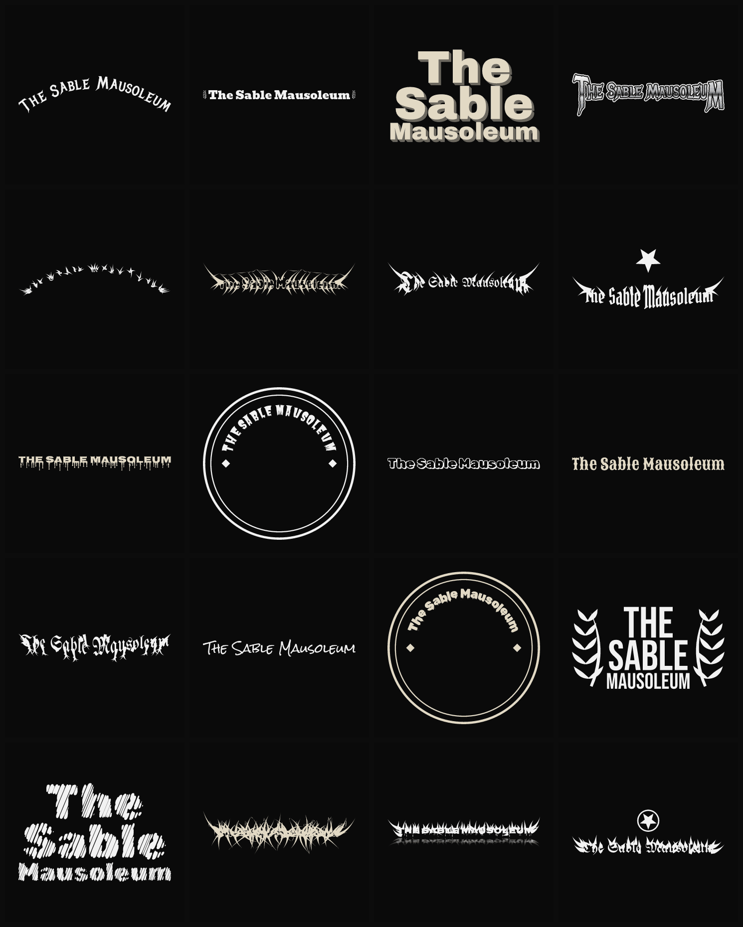 Twenty The Sable Mausoleum band logo ideas — different faces, treatments and spike settings