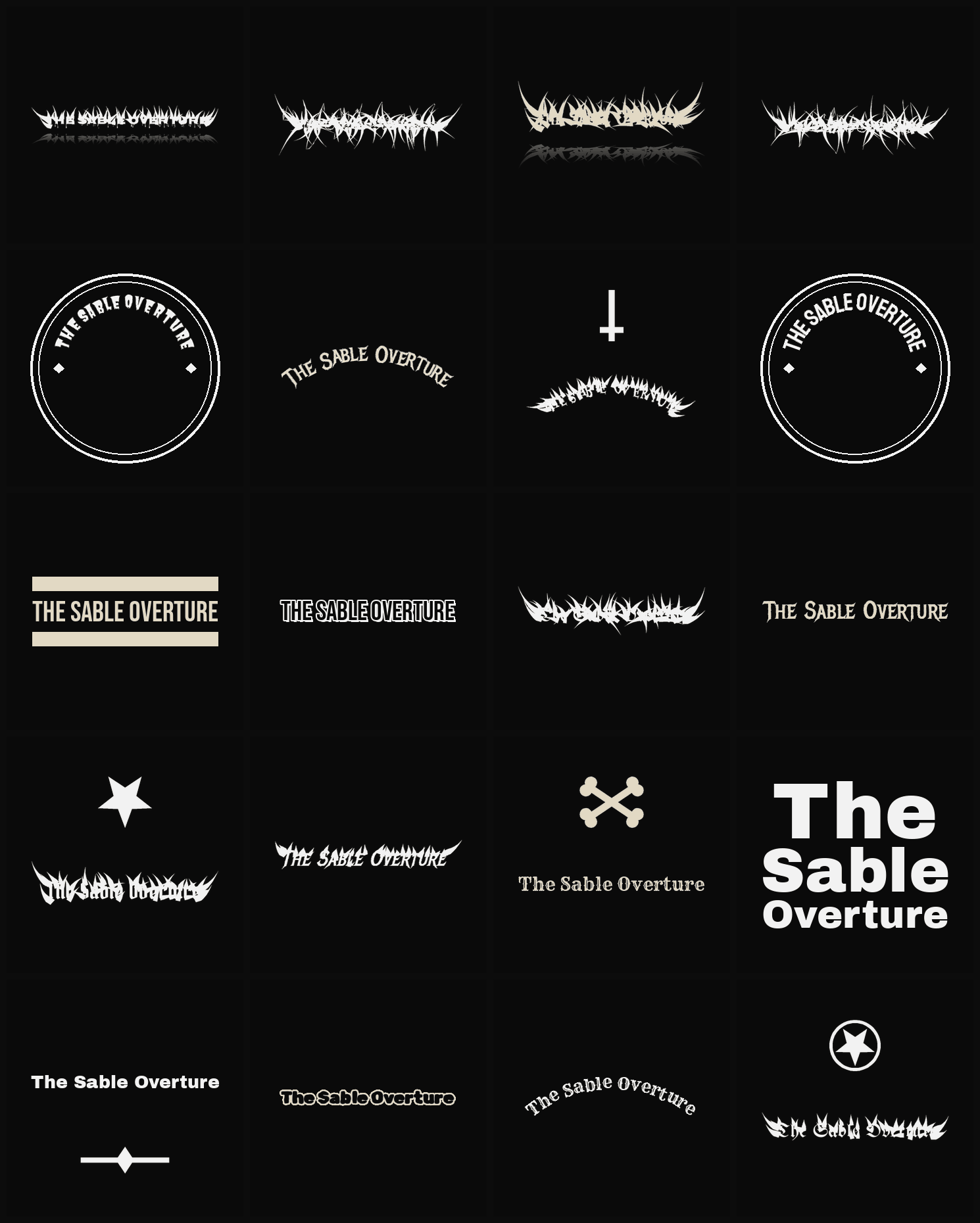 Twenty The Sable Overture band logo ideas — different faces, treatments and spike settings