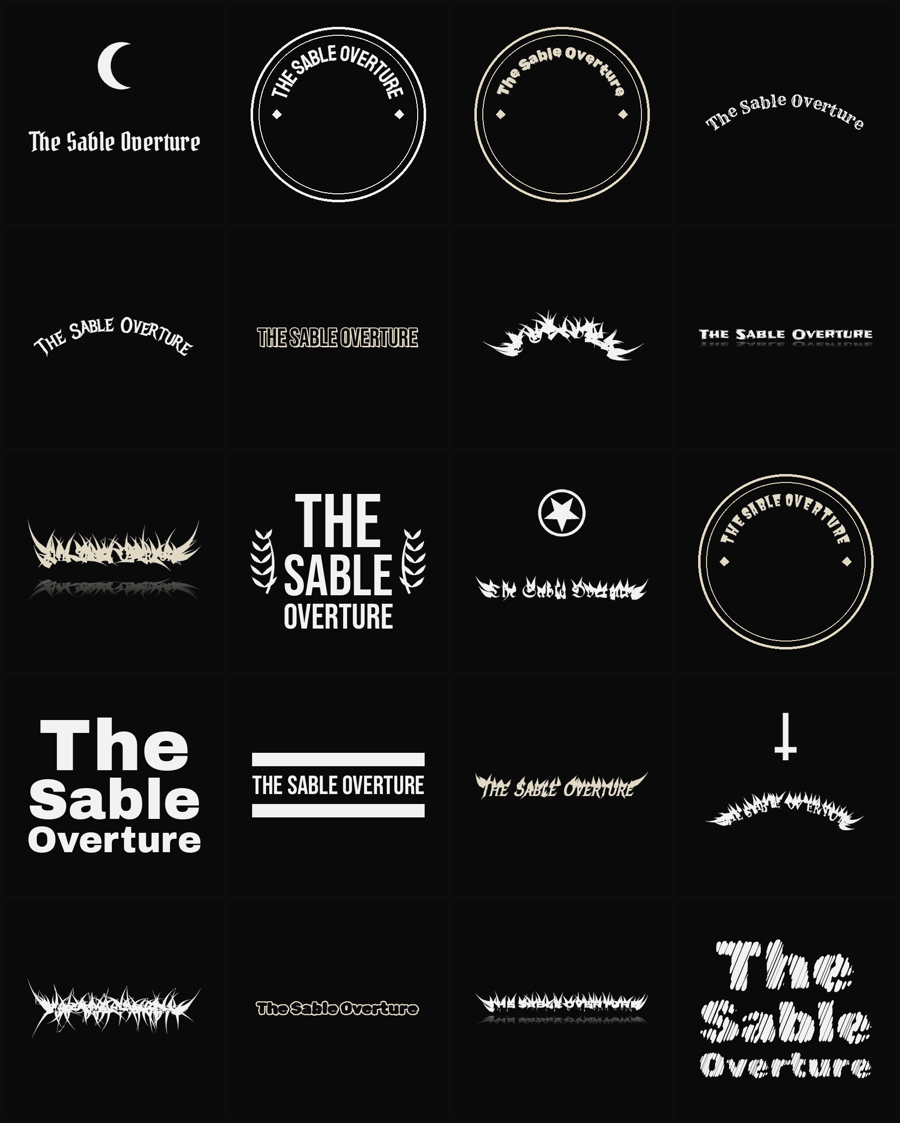 Twenty The Sable Overture band logo ideas — different faces, treatments and spike settings