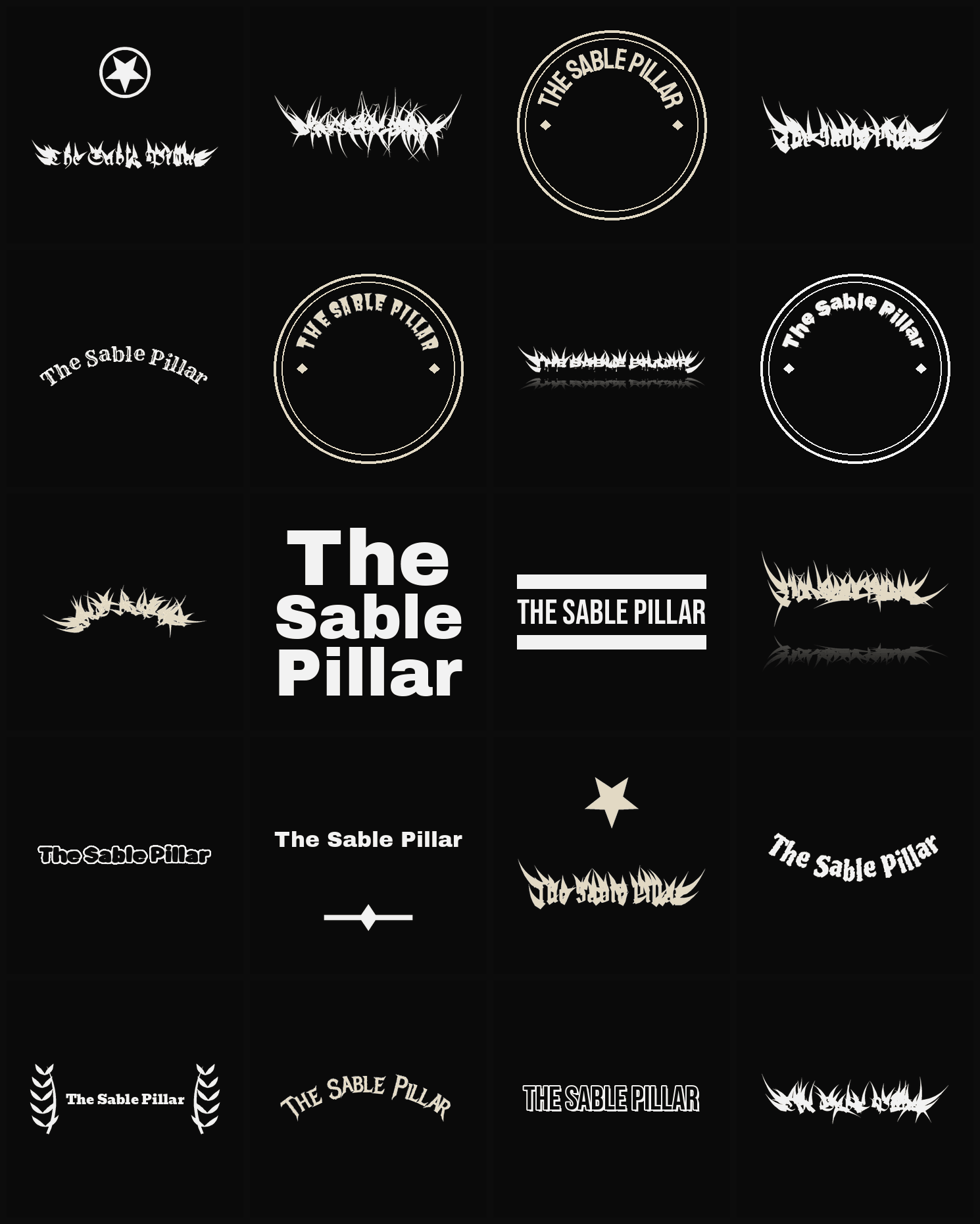 Twenty The Sable Pillar band logo ideas — different faces, treatments and spike settings