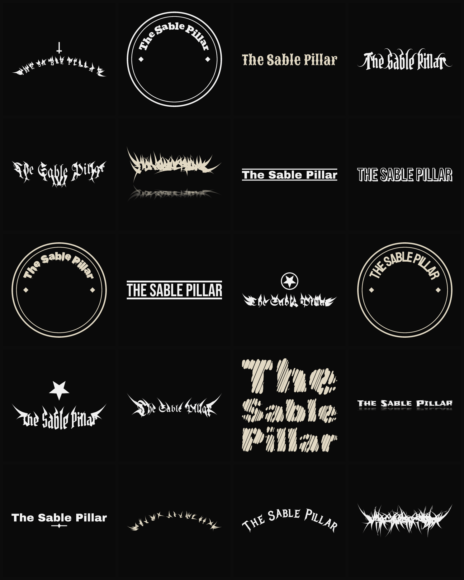 Twenty The Sable Pillar band logo ideas — different faces, treatments and spike settings