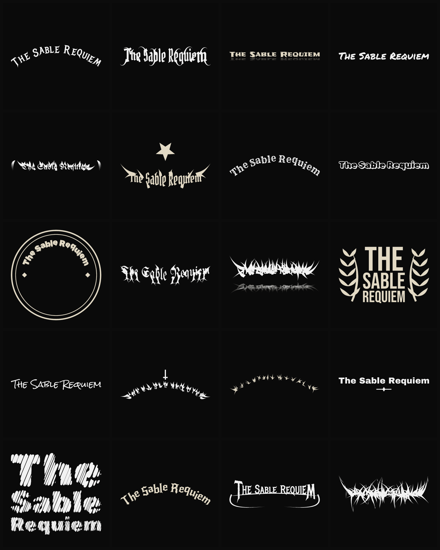 Twenty The Sable Requiem band logo ideas — different faces, treatments and spike settings