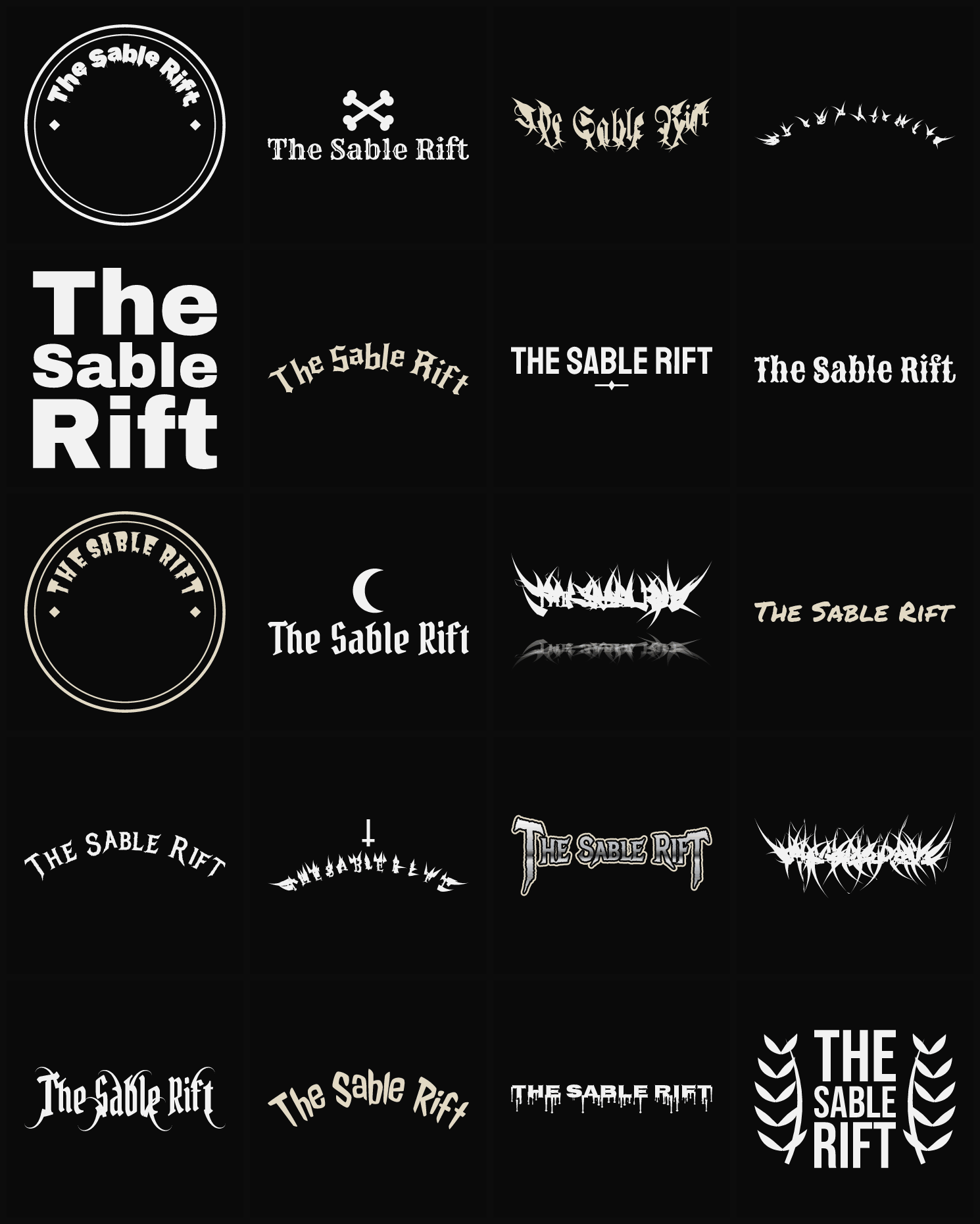 Twenty The Sable Rift band logo ideas — different faces, treatments and spike settings