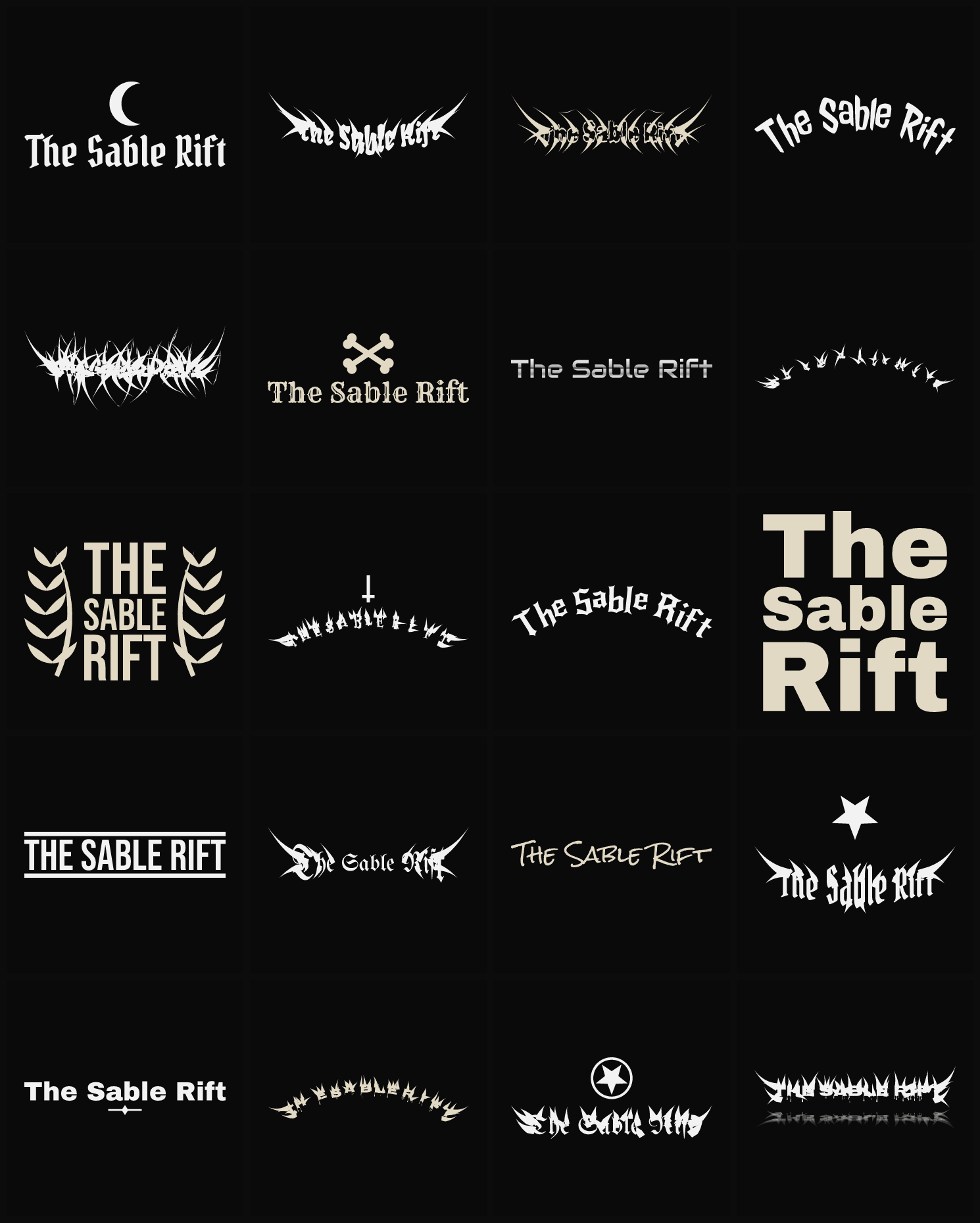 Twenty The Sable Rift band logo ideas — different faces, treatments and spike settings