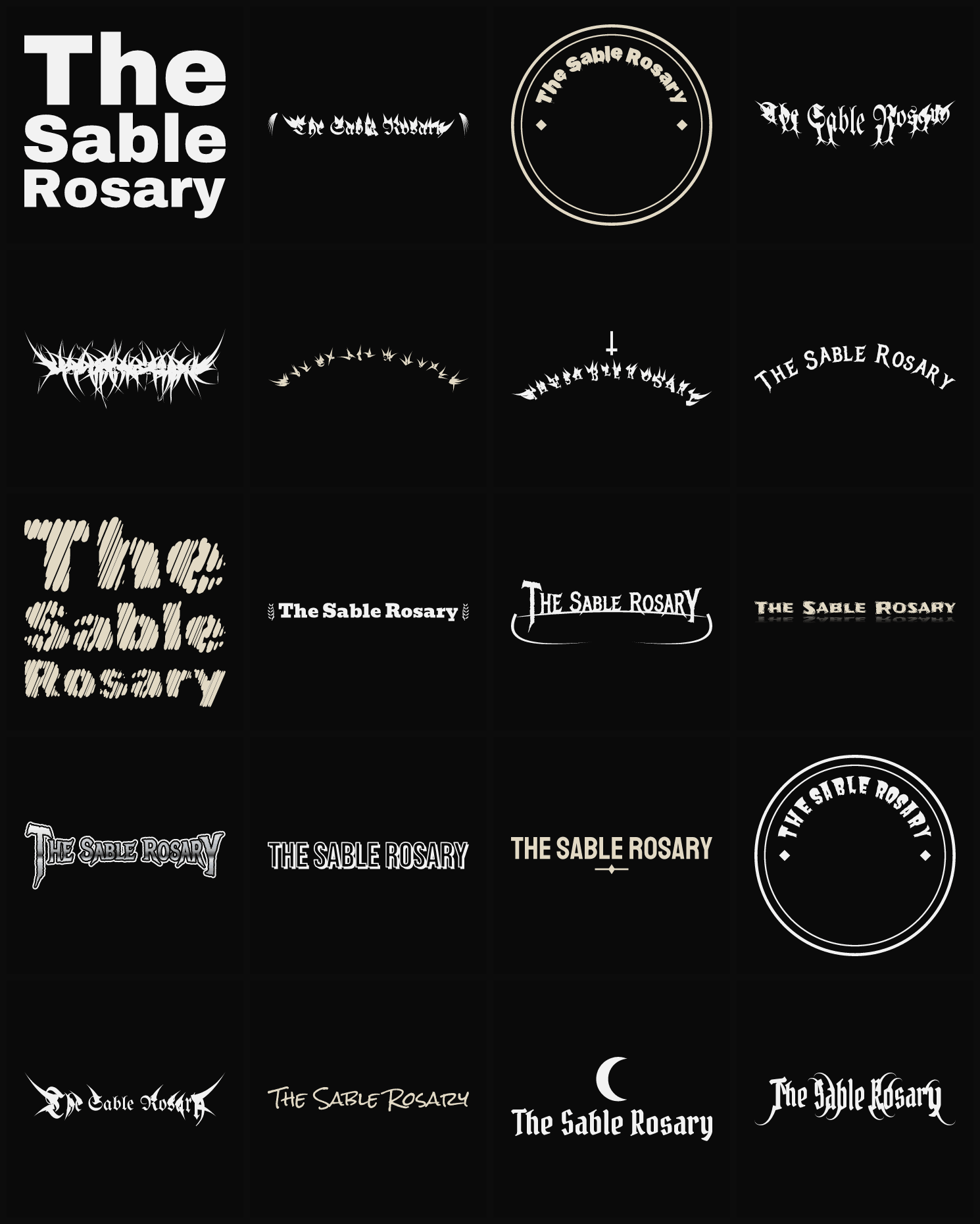 Twenty The Sable Rosary band logo ideas — different faces, treatments and spike settings