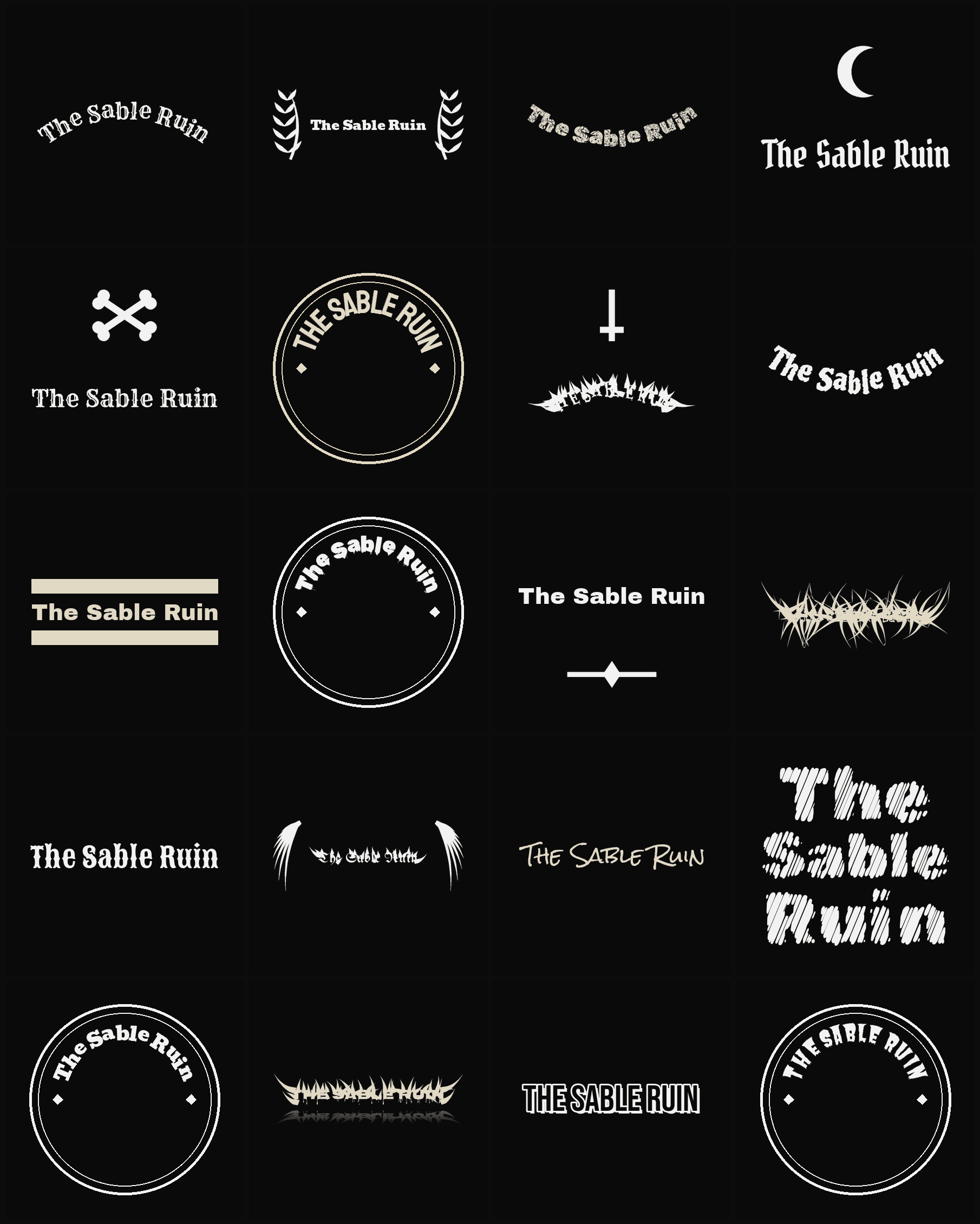 Twenty The Sable Ruin band logo ideas — different faces, treatments and spike settings
