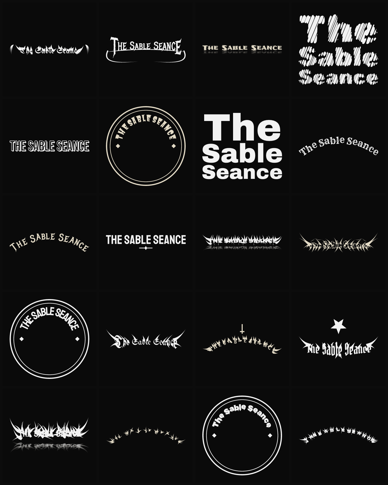 Twenty The Sable Seance band logo ideas — different faces, treatments and spike settings