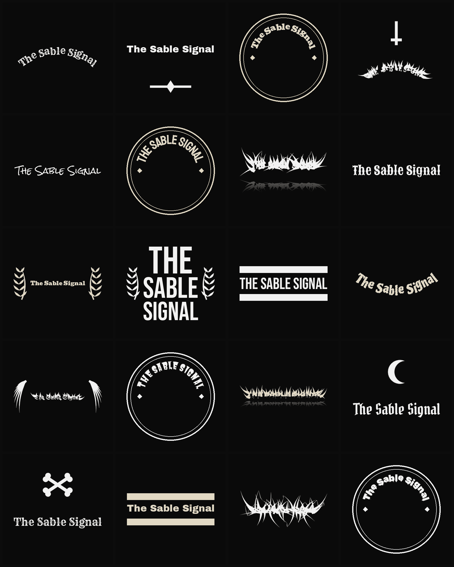 Twenty The Sable Signal band logo ideas — different faces, treatments and spike settings