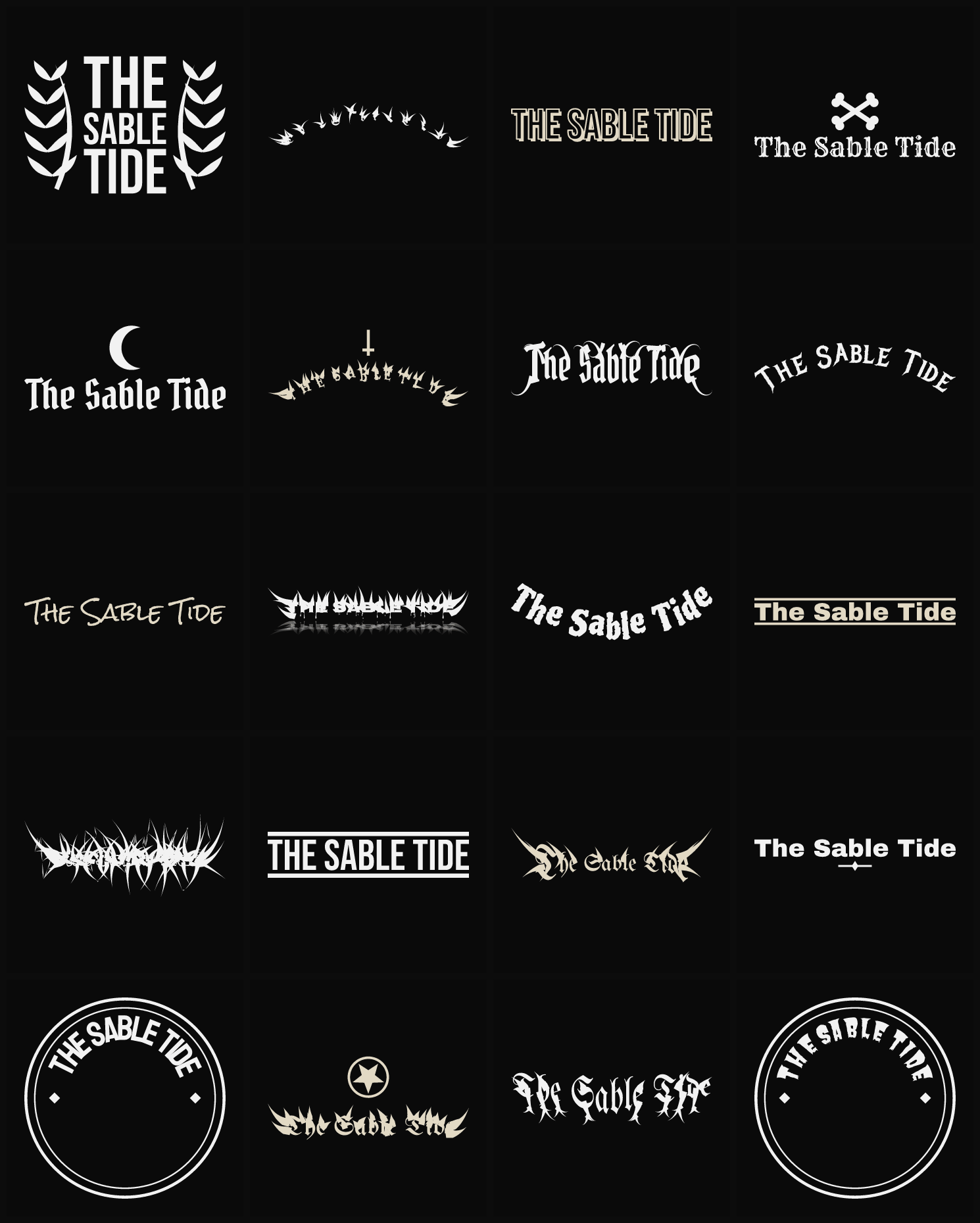Twenty The Sable Tide band logo ideas — different faces, treatments and spike settings