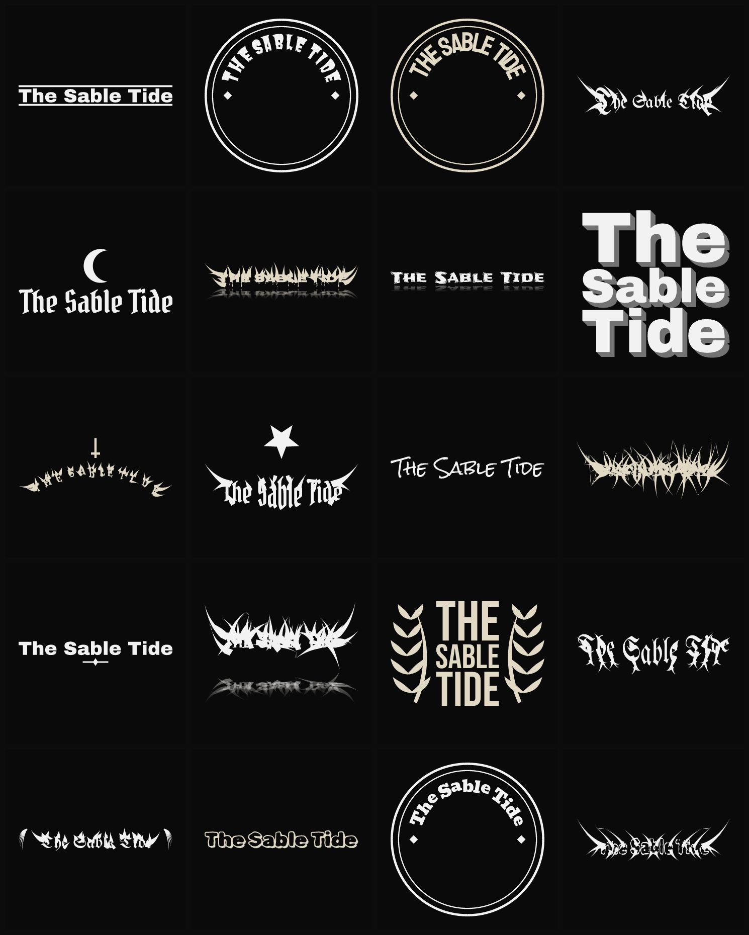 Twenty The Sable Tide band logo ideas — different faces, treatments and spike settings