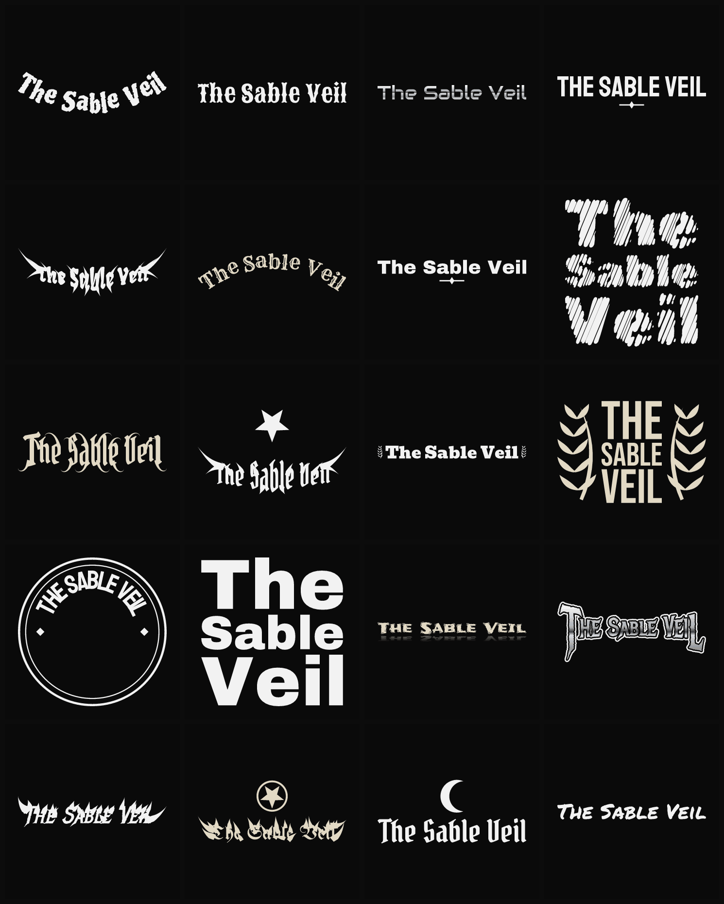 Twenty The Sable Veil band logo ideas — different faces, treatments and spike settings