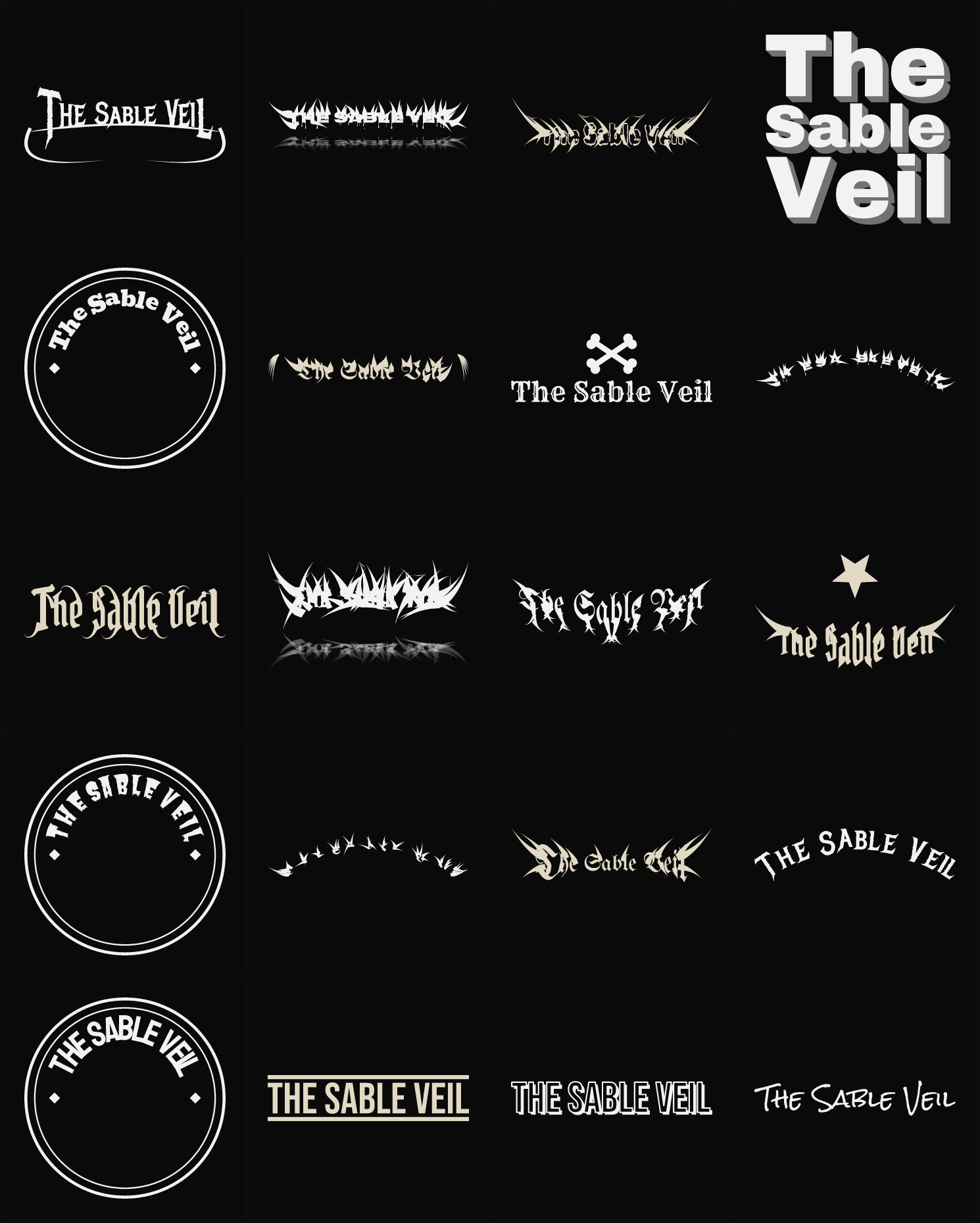Twenty The Sable Veil band logo ideas — different faces, treatments and spike settings