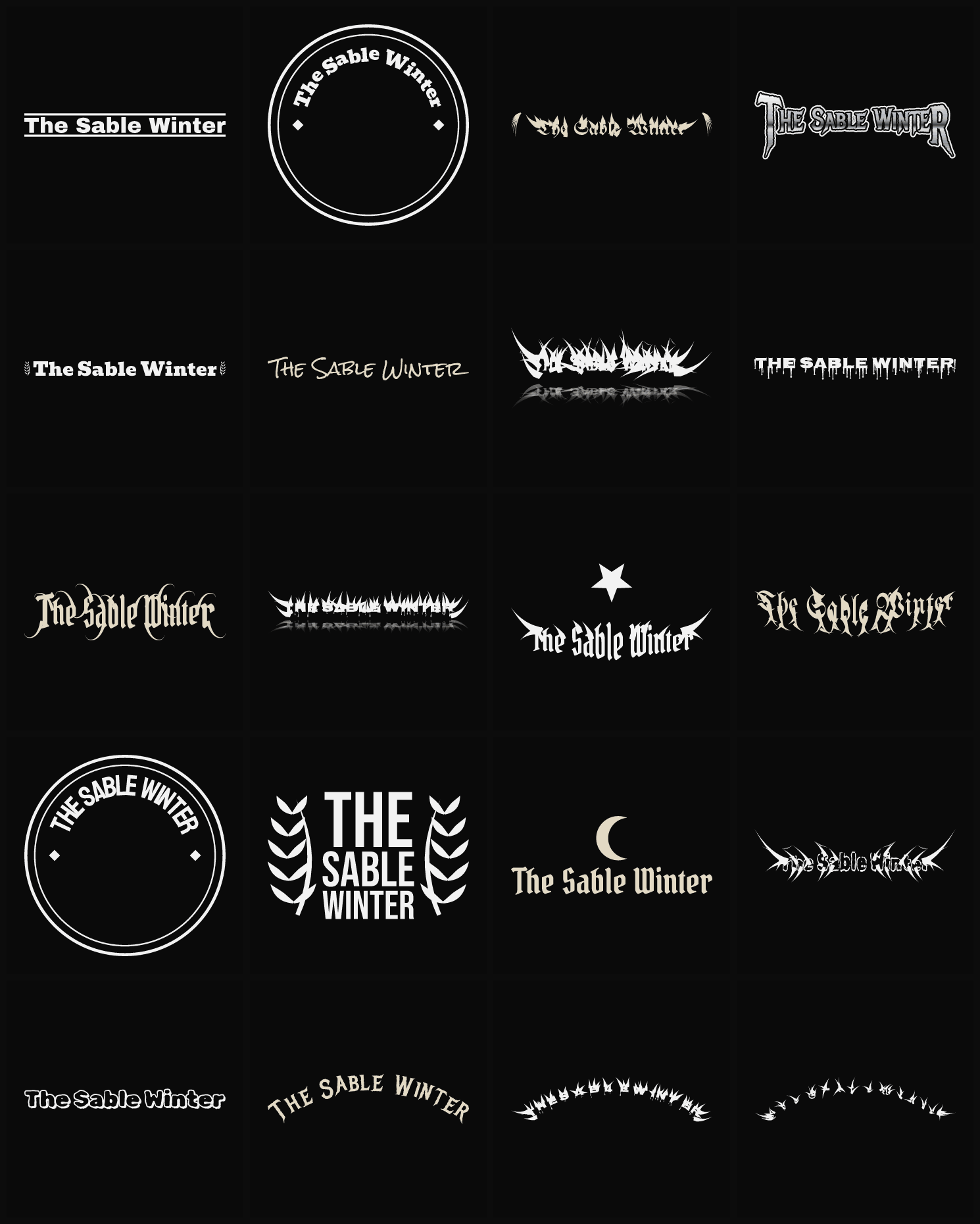 Twenty The Sable Winter band logo ideas — different faces, treatments and spike settings