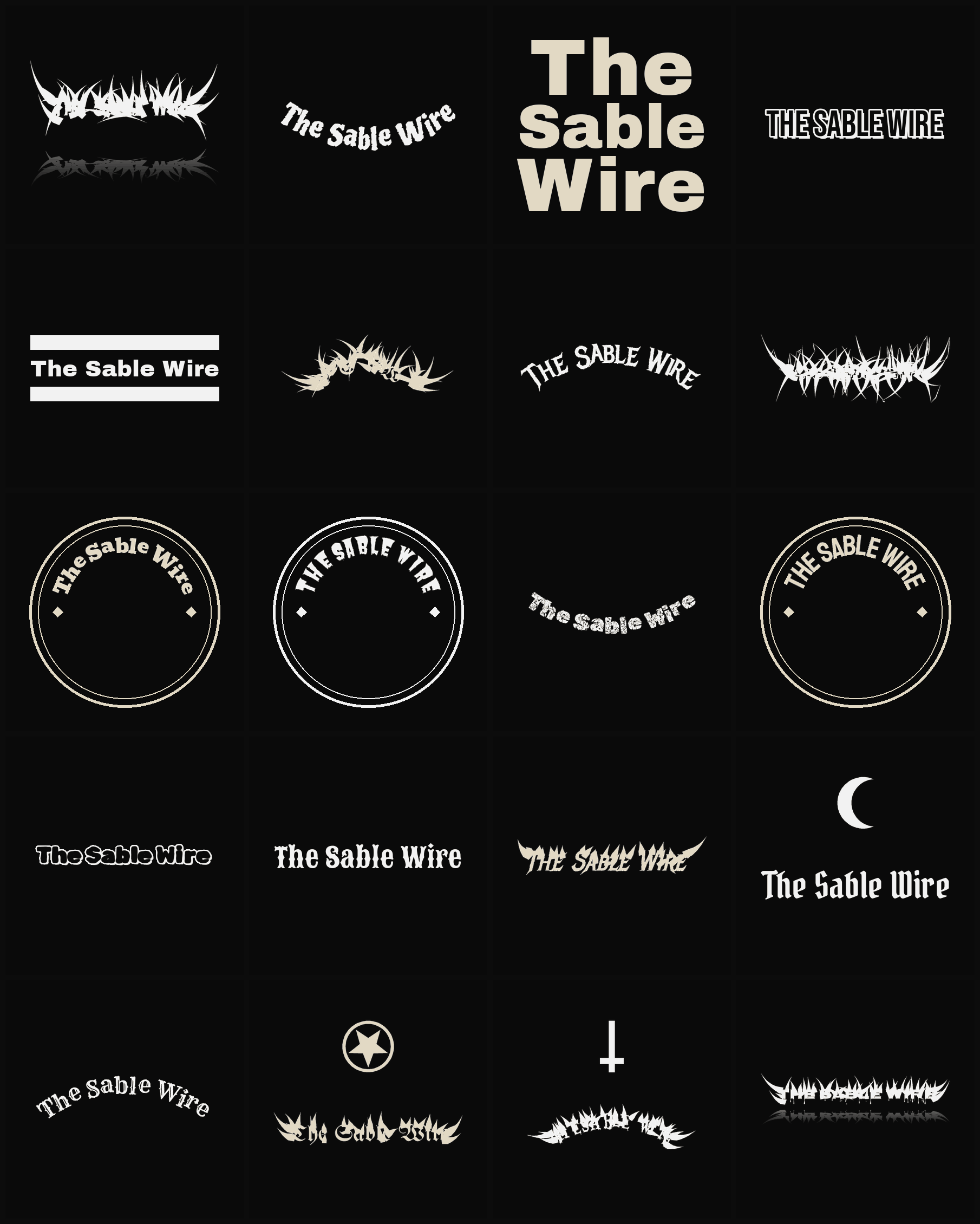 Twenty The Sable Wire band logo ideas — different faces, treatments and spike settings