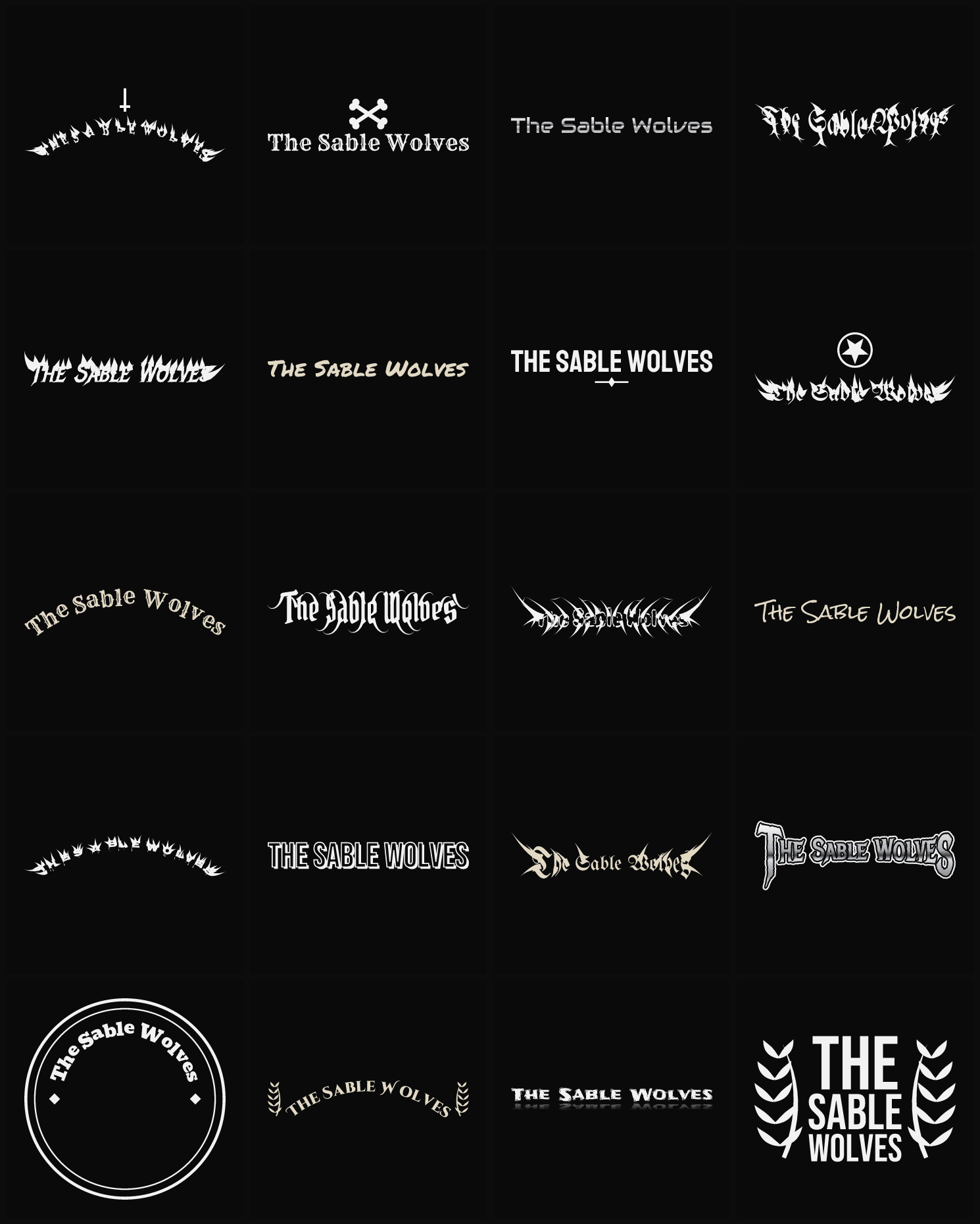 Twenty The Sable Wolves band logo ideas — different faces, treatments and spike settings