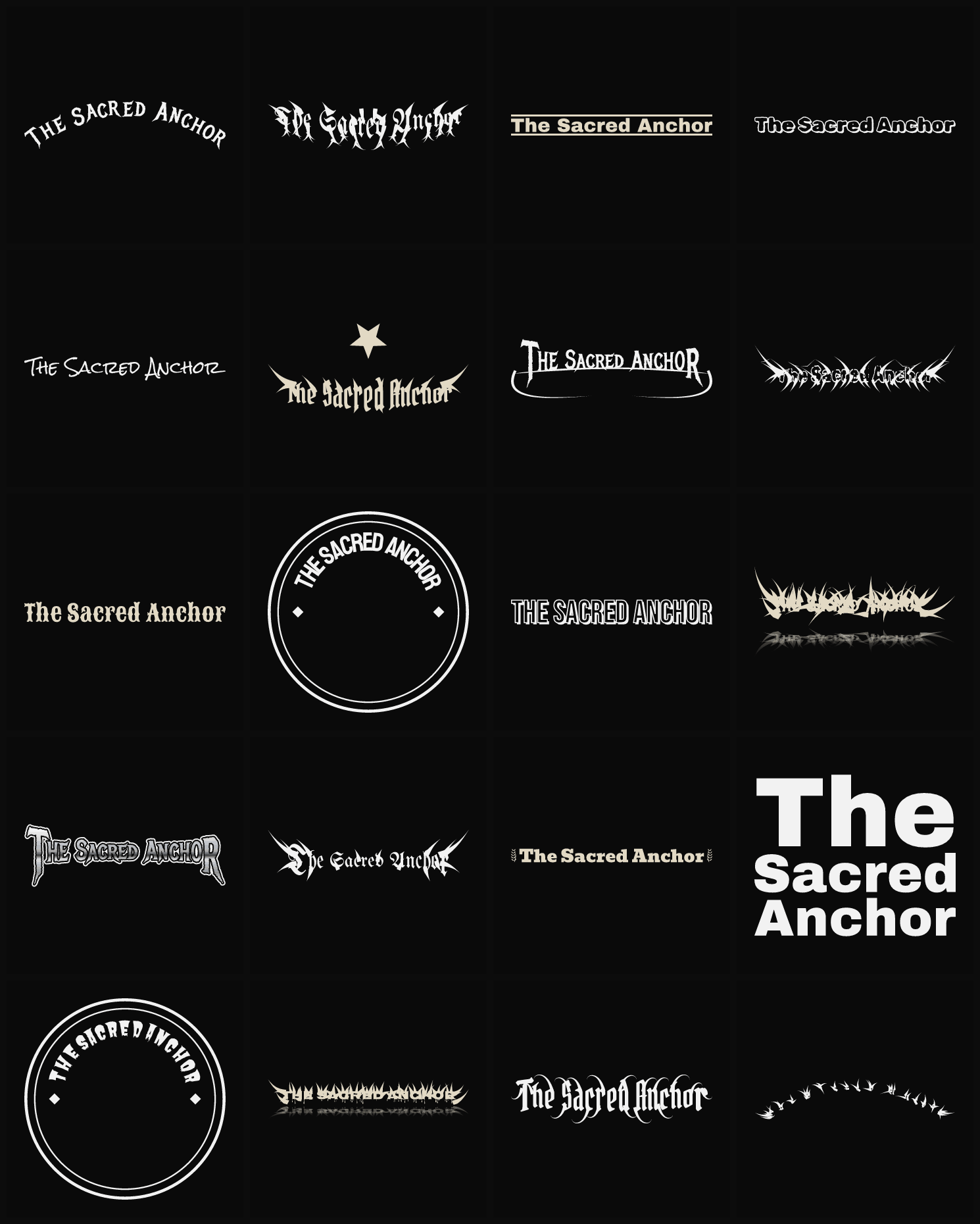 Twenty The Sacred Anchor band logo ideas — different faces, treatments and spike settings