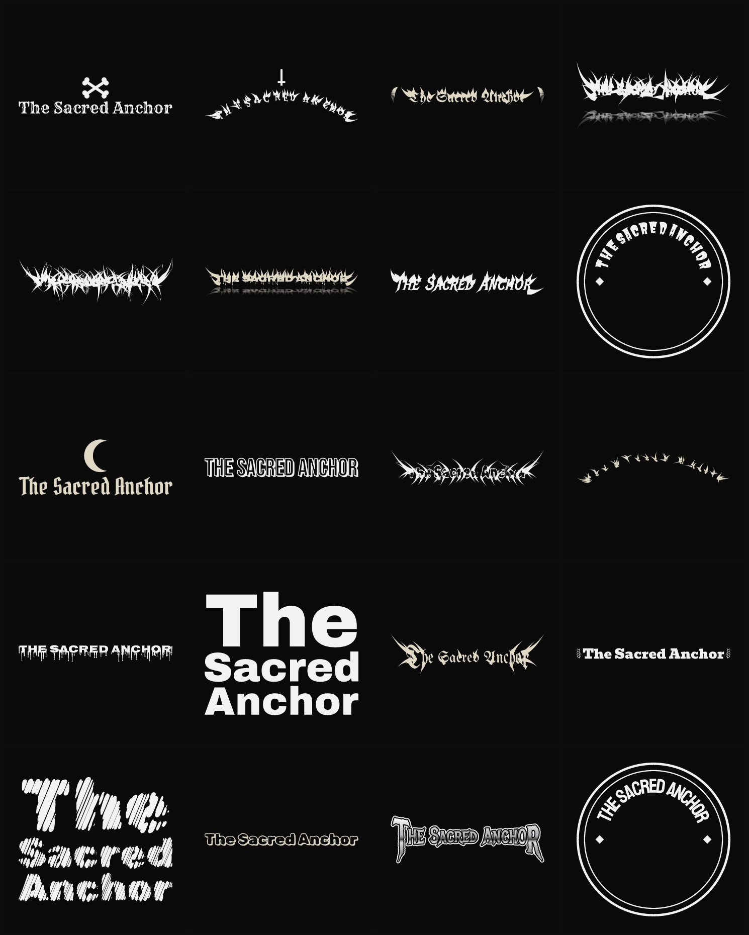 Twenty The Sacred Anchor band logo ideas — different faces, treatments and spike settings