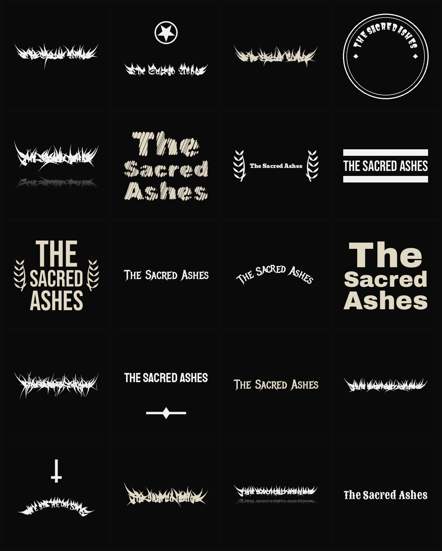 Twenty The Sacred Ashes band logo ideas — different faces, treatments and spike settings