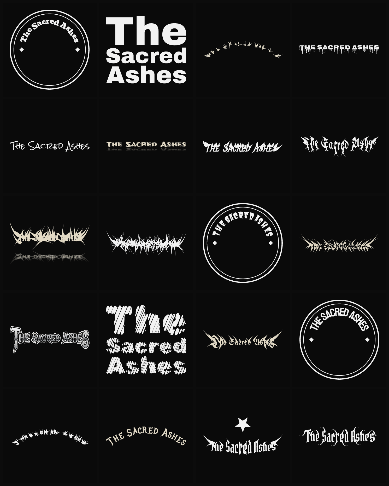 Twenty The Sacred Ashes band logo ideas — different faces, treatments and spike settings