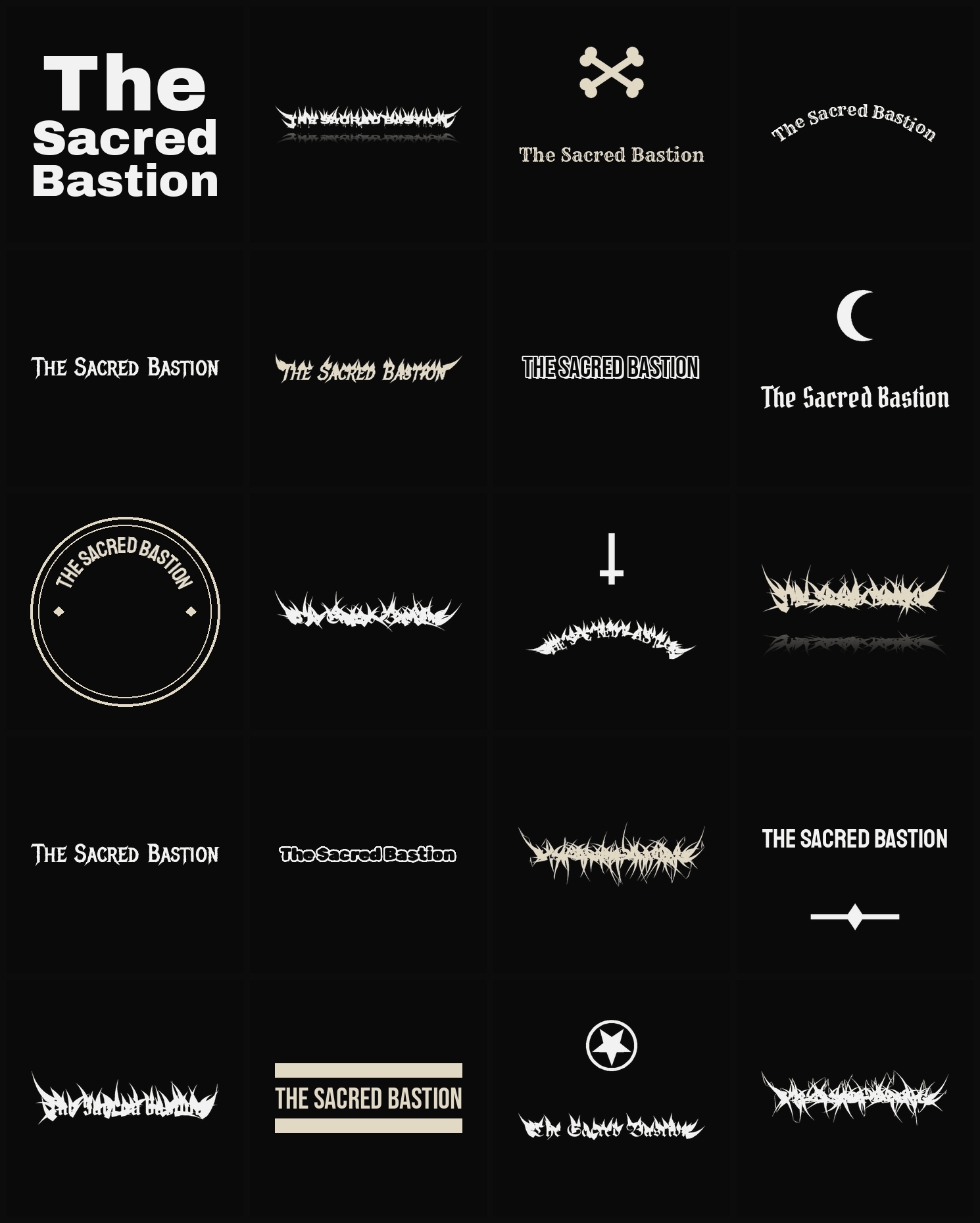 Twenty The Sacred Bastion band logo ideas — different faces, treatments and spike settings