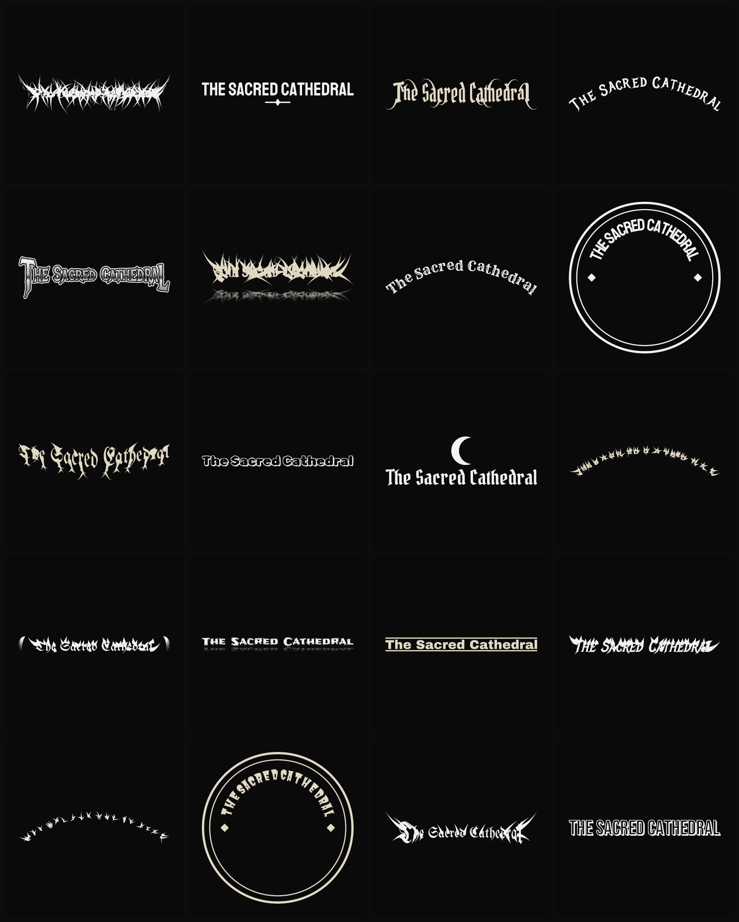 Twenty The Sacred Cathedral band logo ideas — different faces, treatments and spike settings