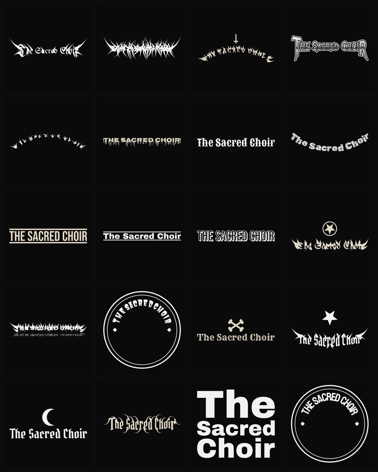Twenty The Sacred Choir band logo ideas — different faces, treatments and spike settings