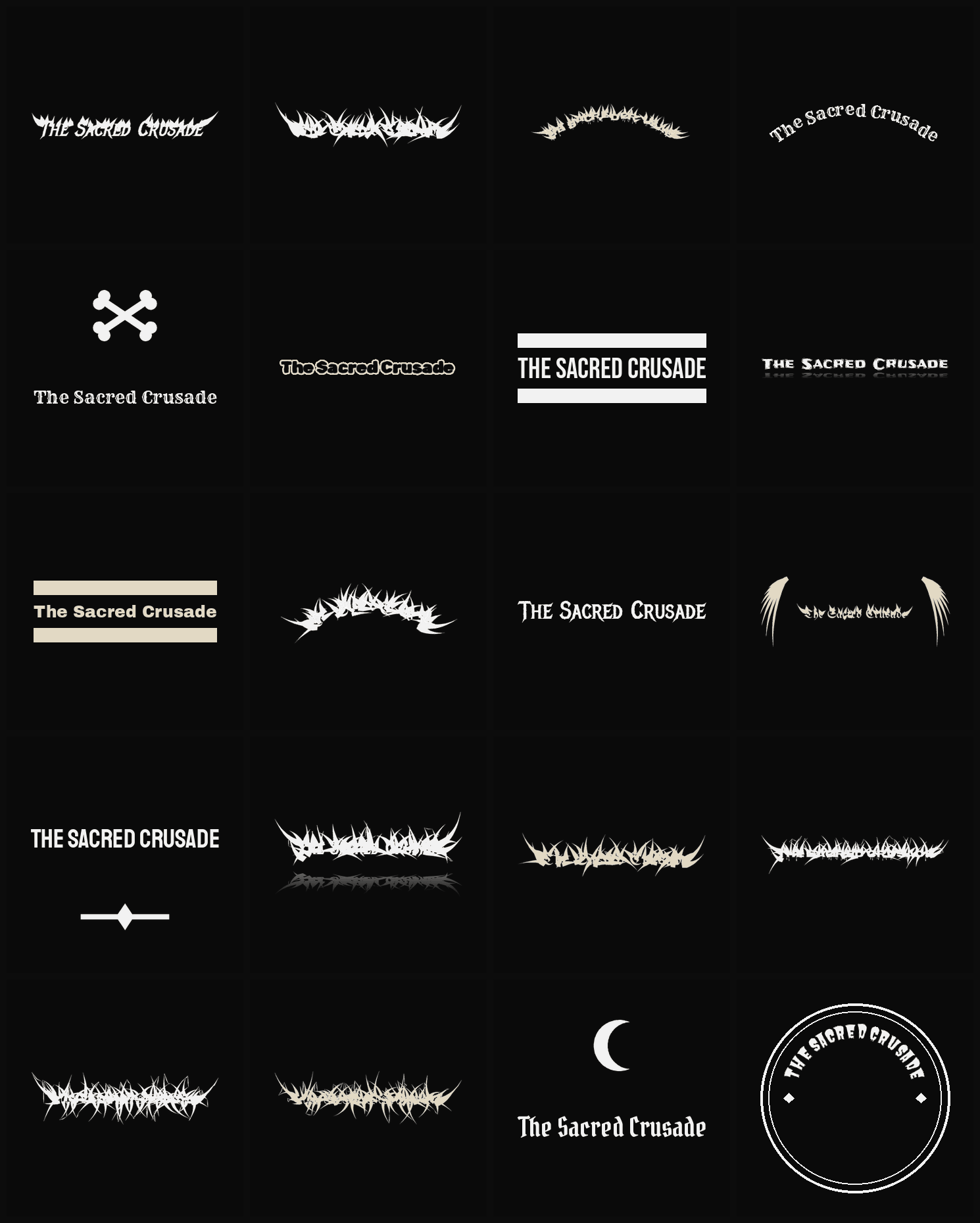 Twenty The Sacred Crusade band logo ideas — different faces, treatments and spike settings