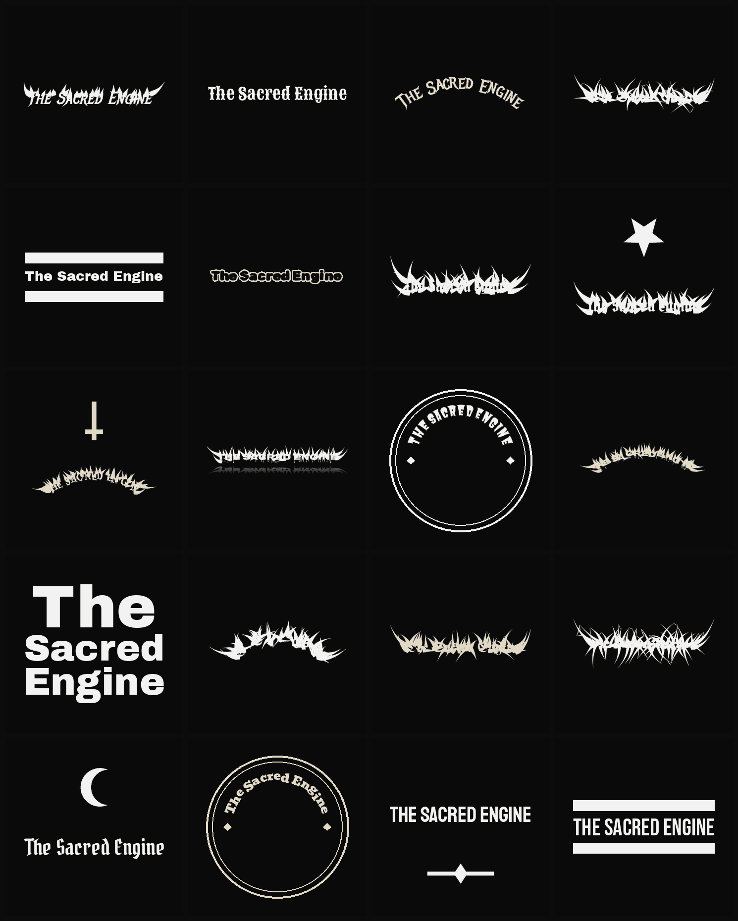 Twenty The Sacred Engine band logo ideas — different faces, treatments and spike settings