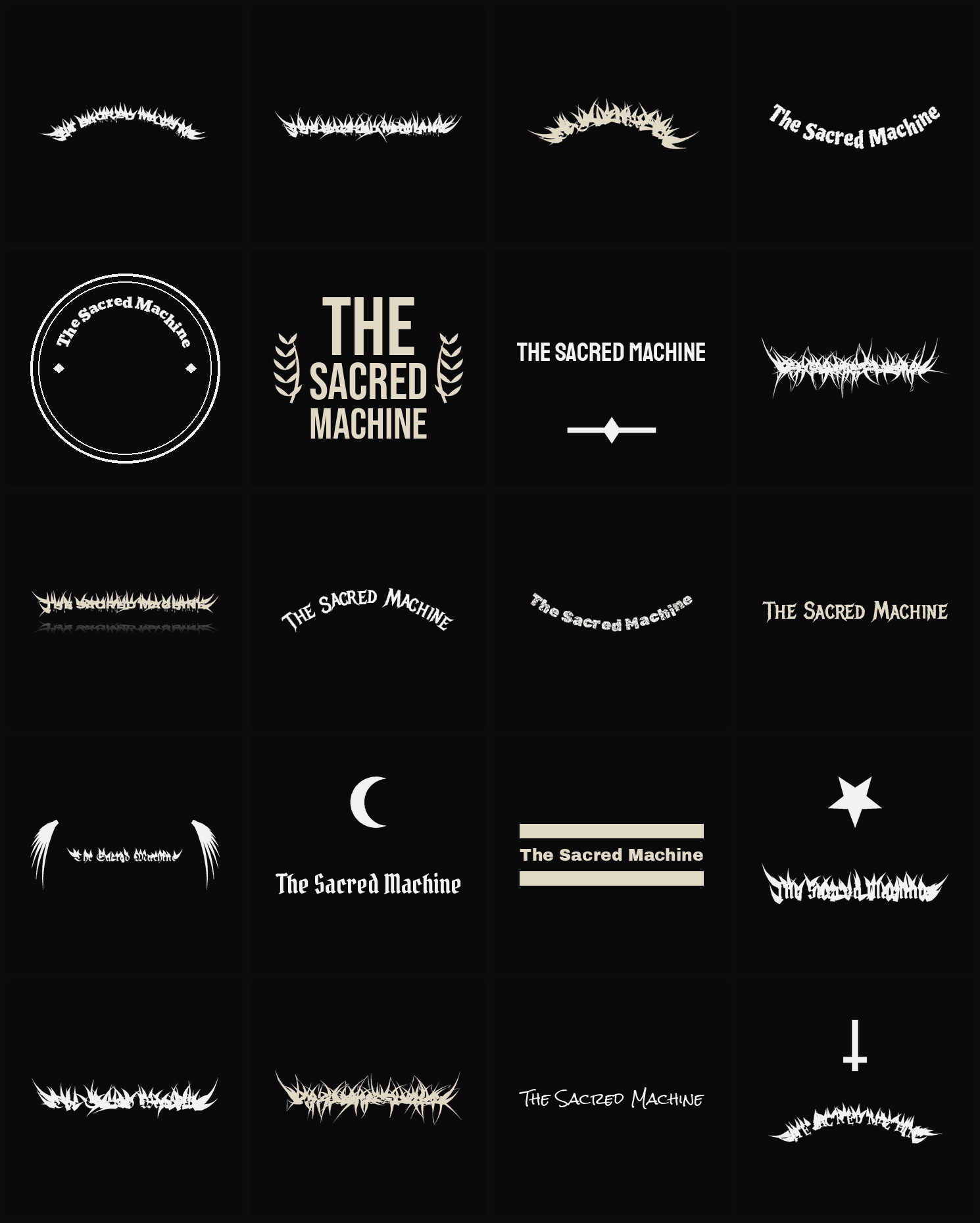 Twenty The Sacred Machine band logo ideas — different faces, treatments and spike settings