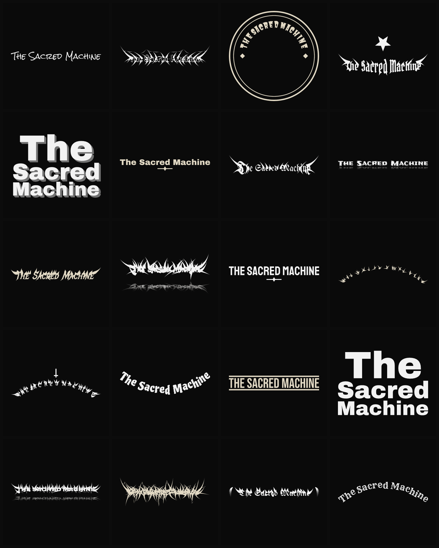 Twenty The Sacred Machine band logo ideas — different faces, treatments and spike settings