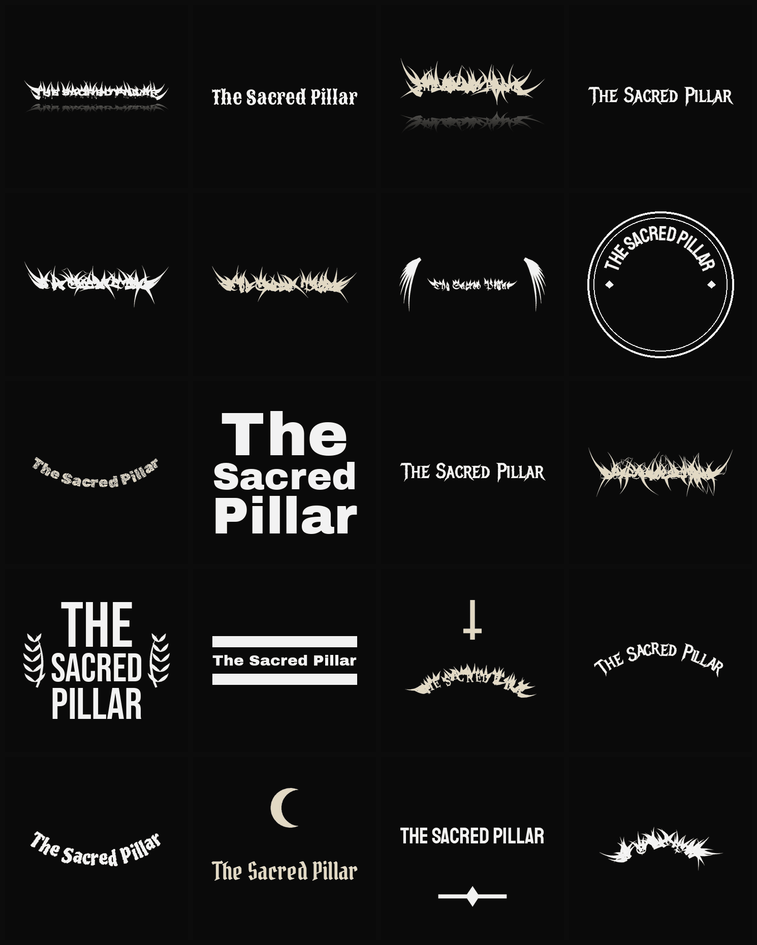 Twenty The Sacred Pillar band logo ideas — different faces, treatments and spike settings