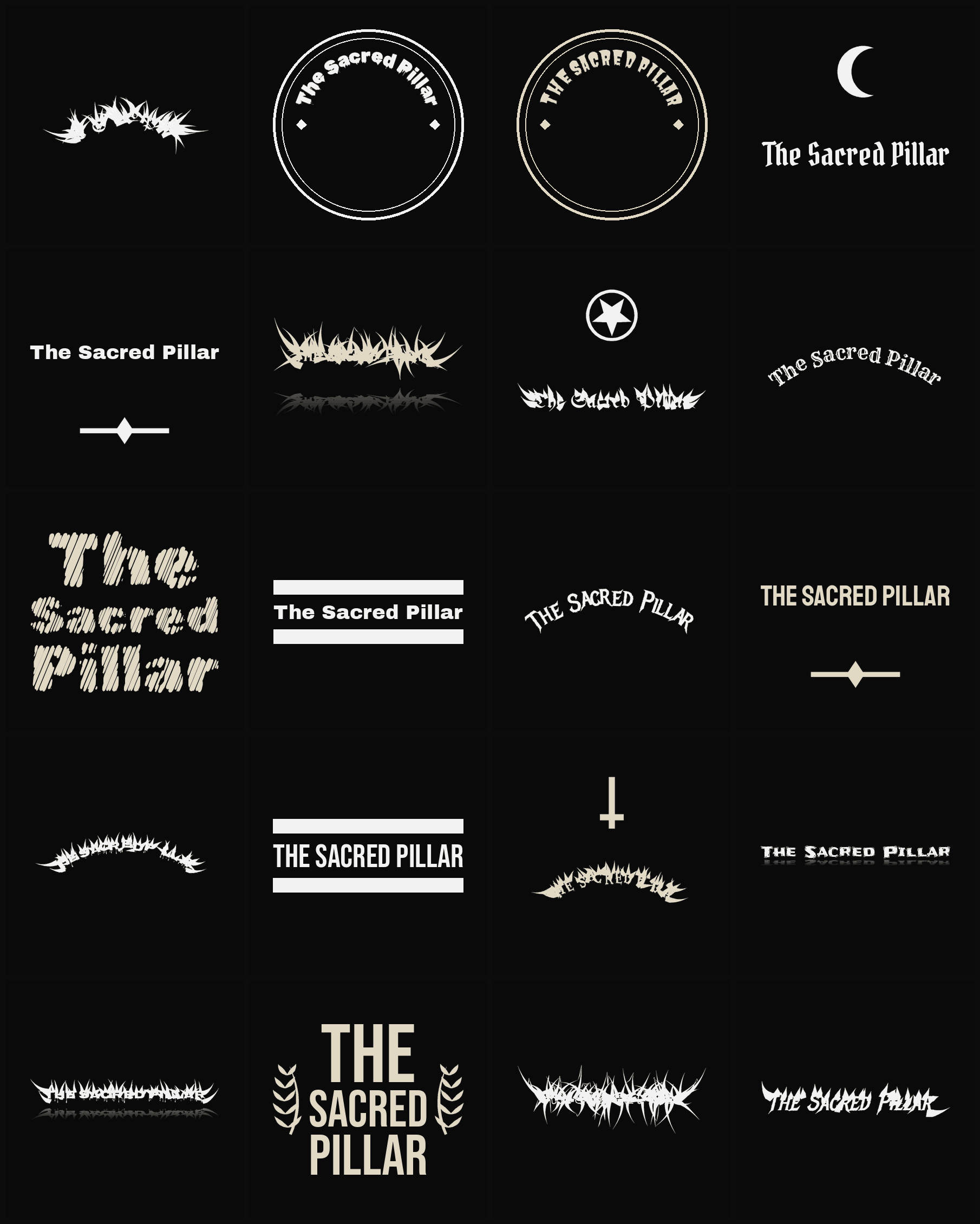 Twenty The Sacred Pillar band logo ideas — different faces, treatments and spike settings
