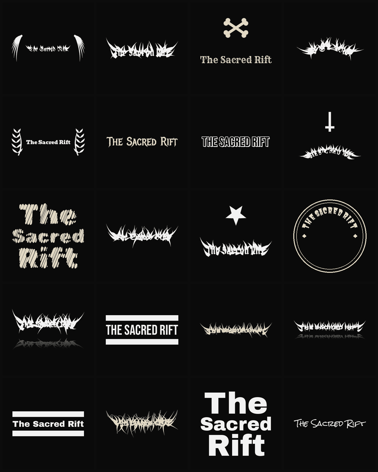 Twenty The Sacred Rift band logo ideas — different faces, treatments and spike settings