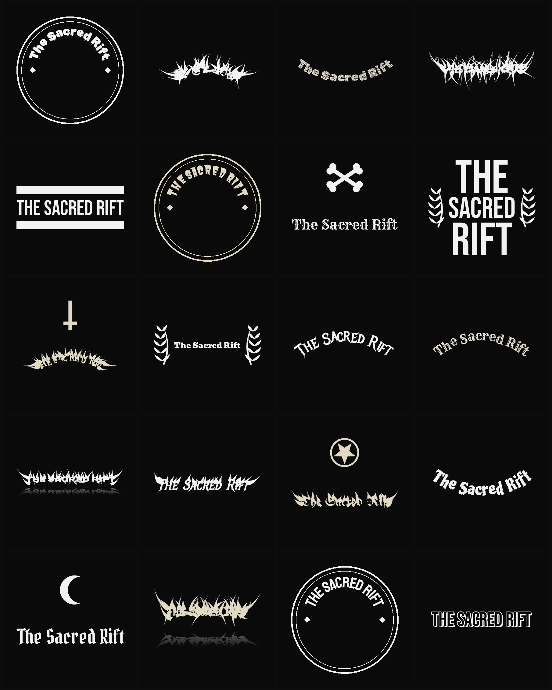 Twenty The Sacred Rift band logo ideas — different faces, treatments and spike settings
