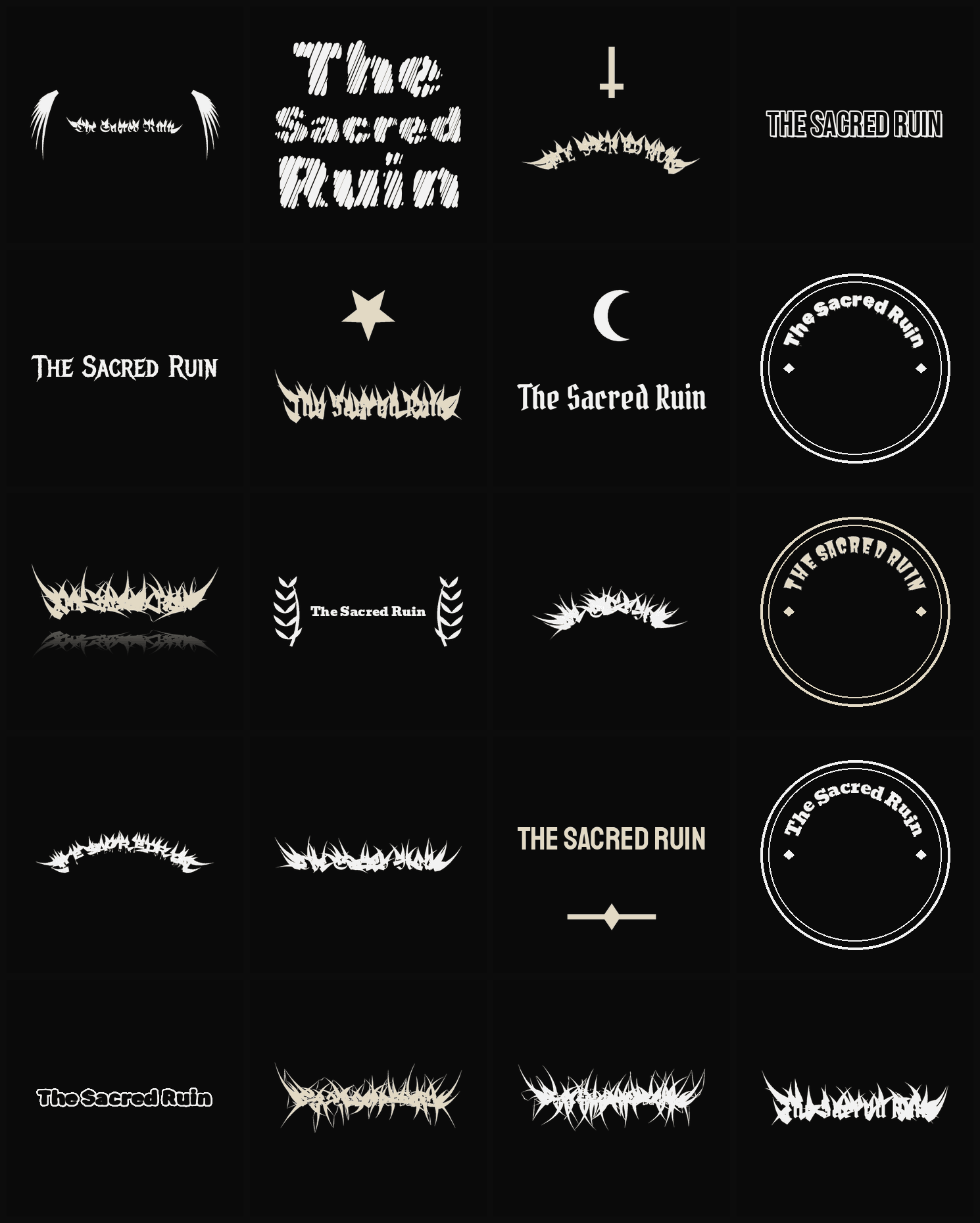 Twenty The Sacred Ruin band logo ideas — different faces, treatments and spike settings