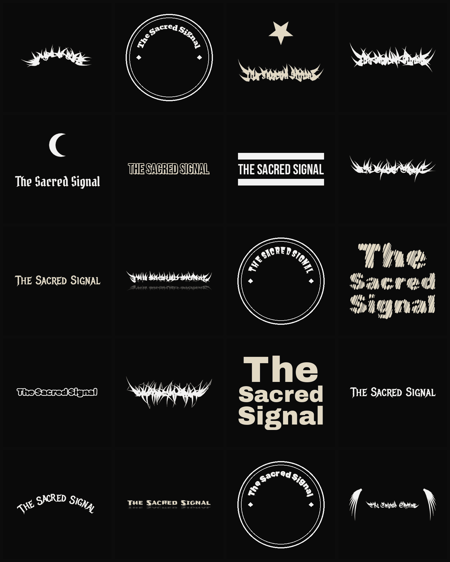 Twenty The Sacred Signal band logo ideas — different faces, treatments and spike settings