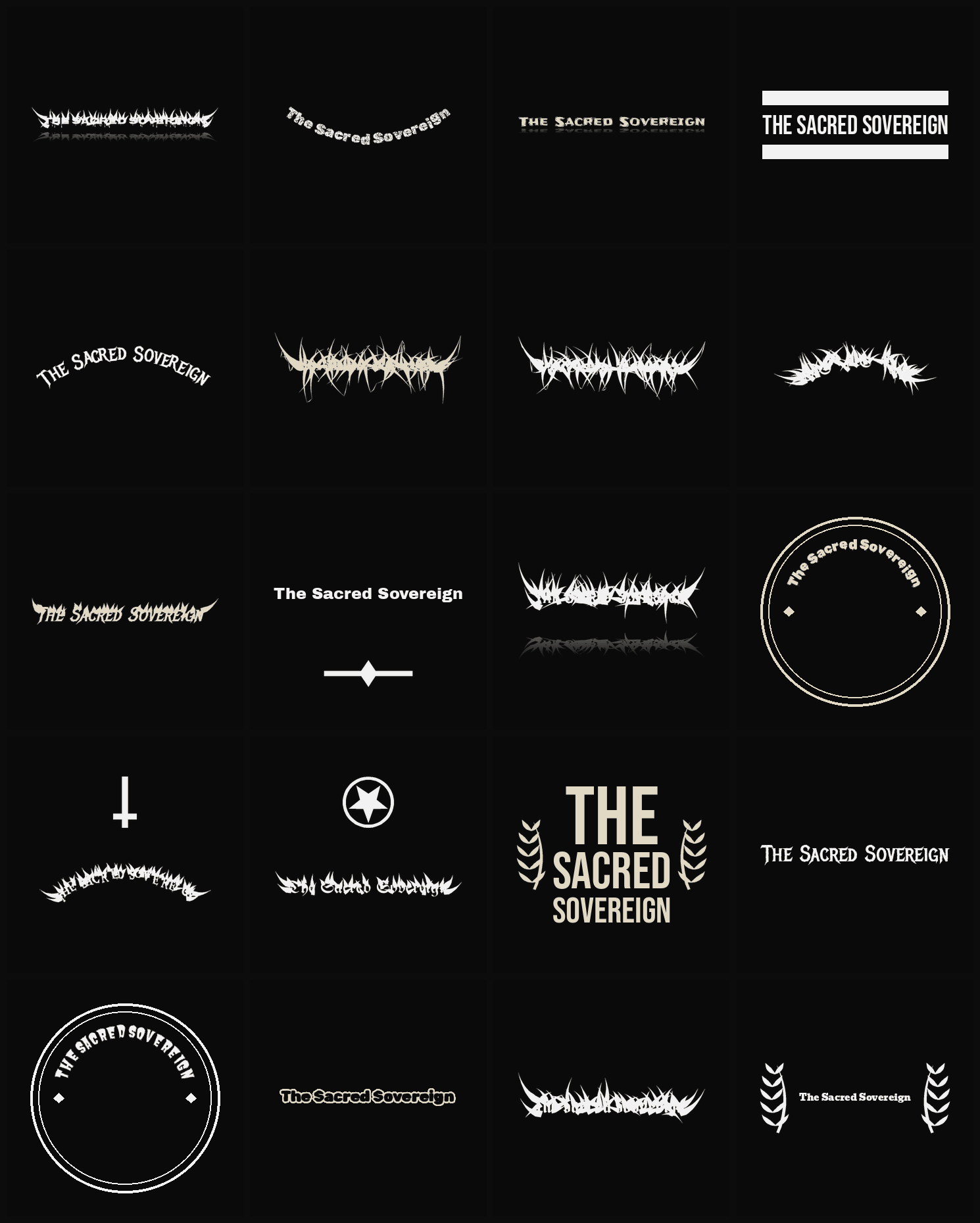 Twenty The Sacred Sovereign band logo ideas — different faces, treatments and spike settings