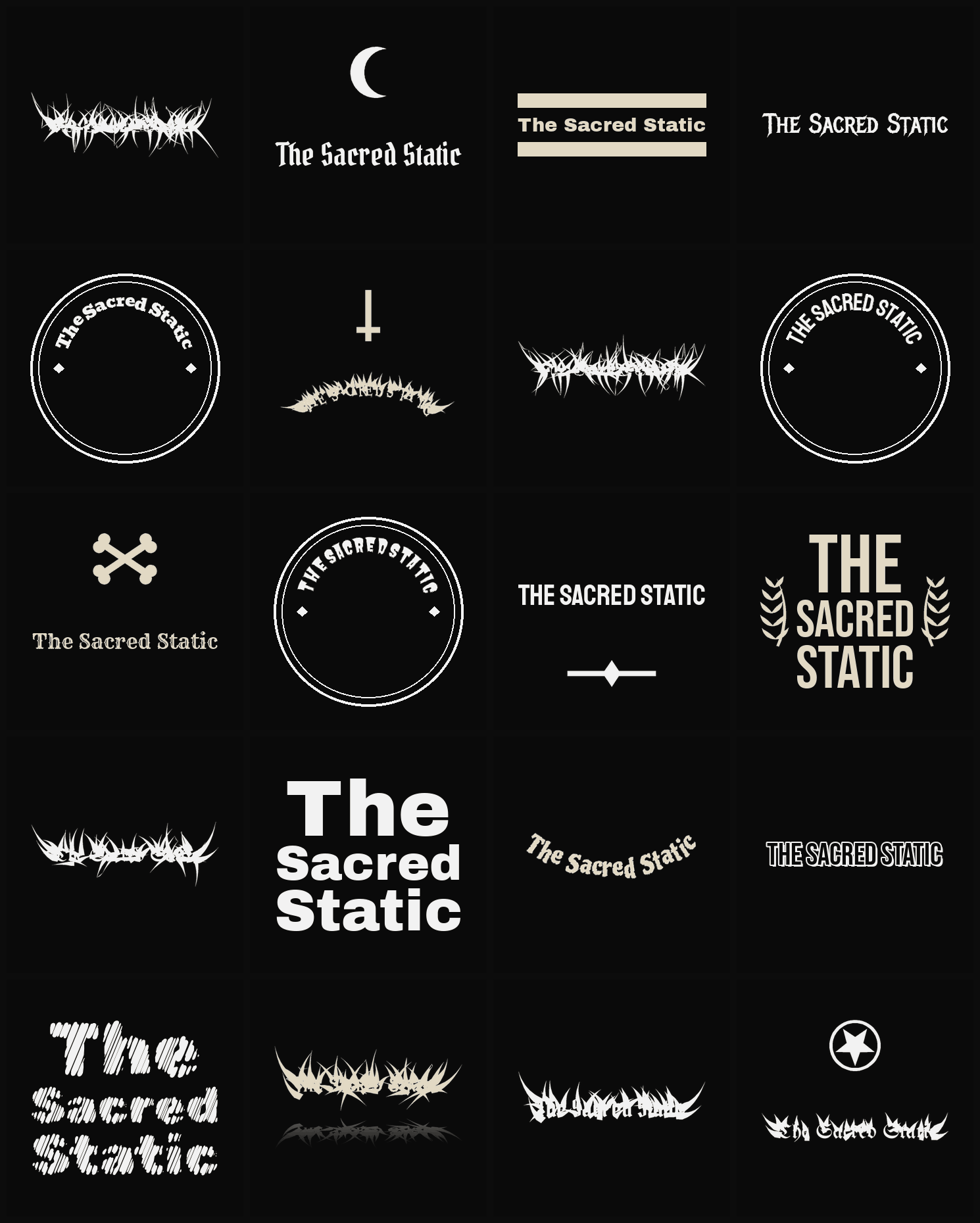 Twenty The Sacred Static band logo ideas — different faces, treatments and spike settings