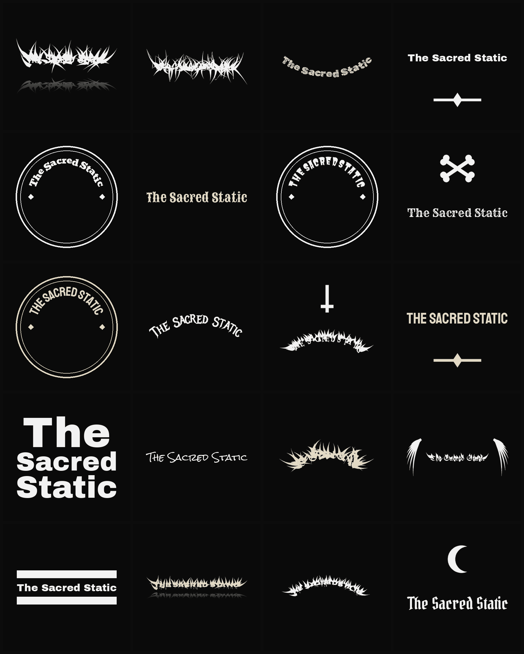 Twenty The Sacred Static band logo ideas — different faces, treatments and spike settings