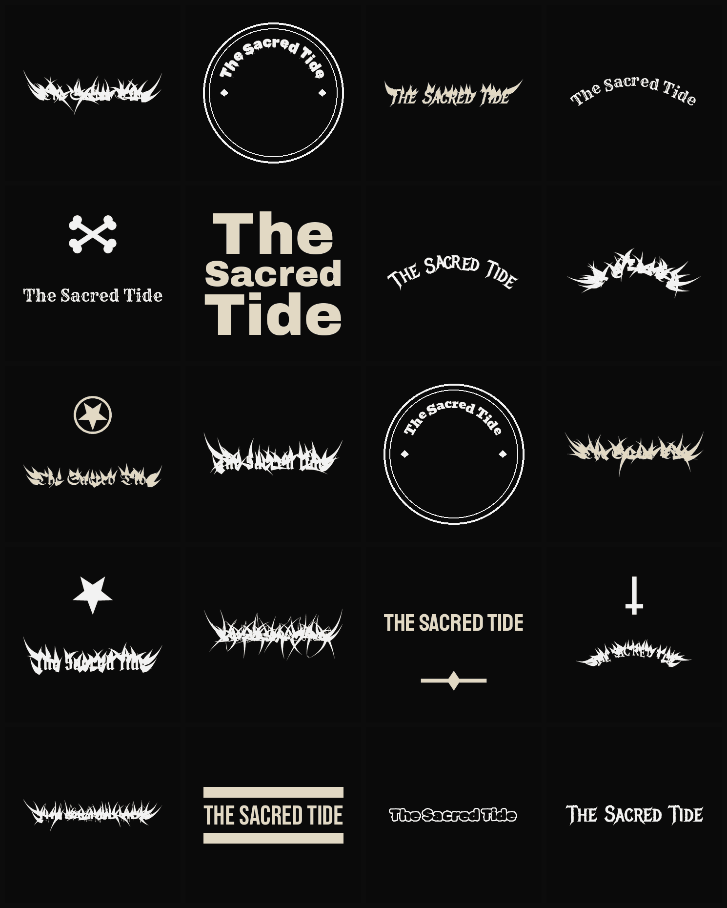 Twenty The Sacred Tide band logo ideas — different faces, treatments and spike settings