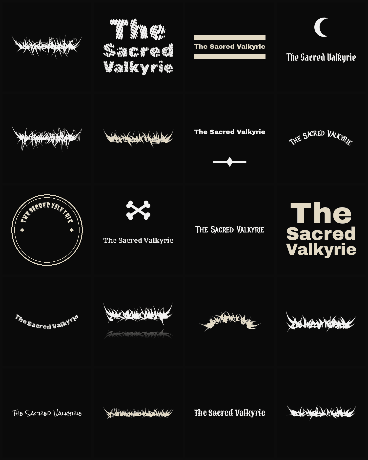 Twenty The Sacred Valkyrie band logo ideas — different faces, treatments and spike settings