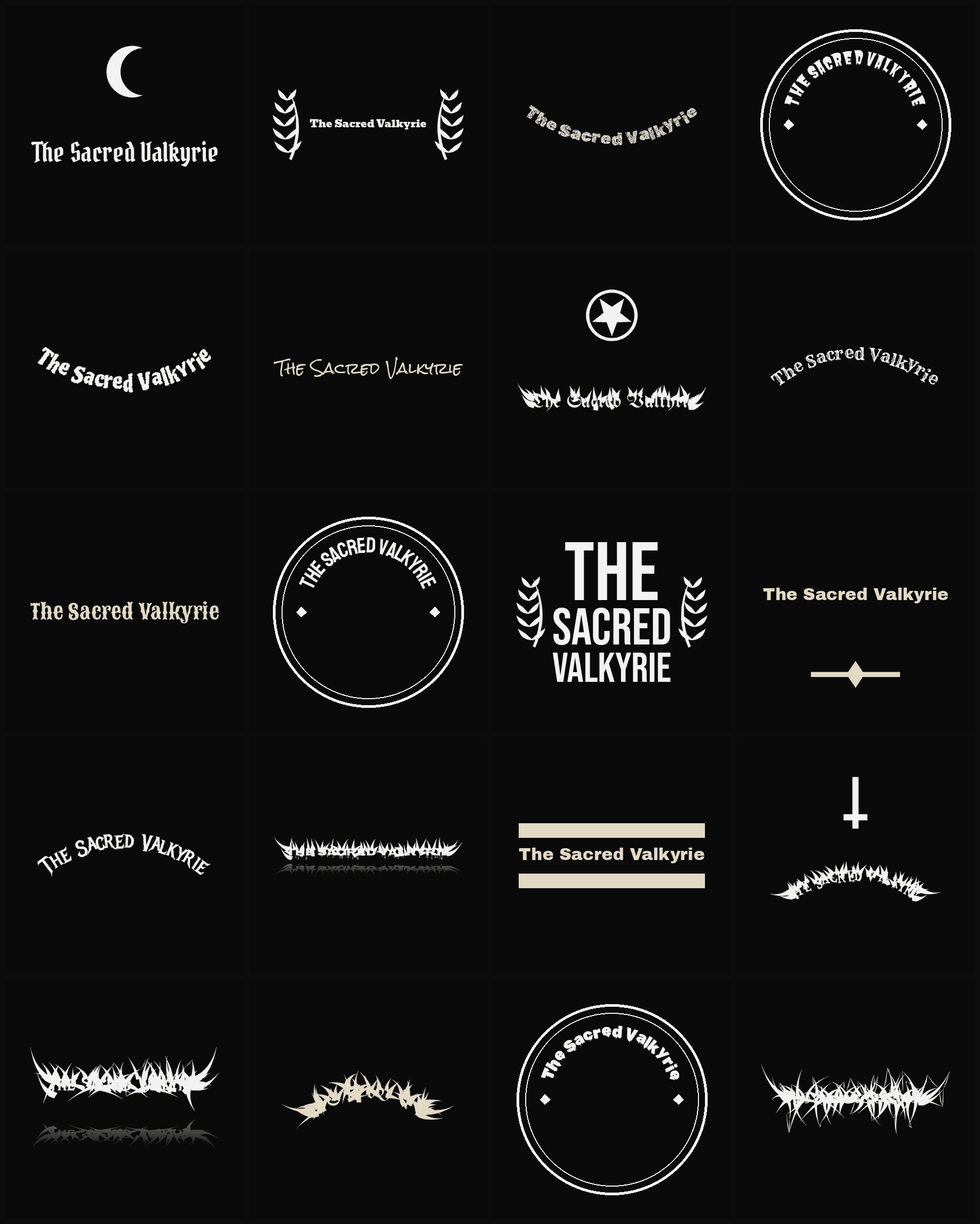 Twenty The Sacred Valkyrie band logo ideas — different faces, treatments and spike settings