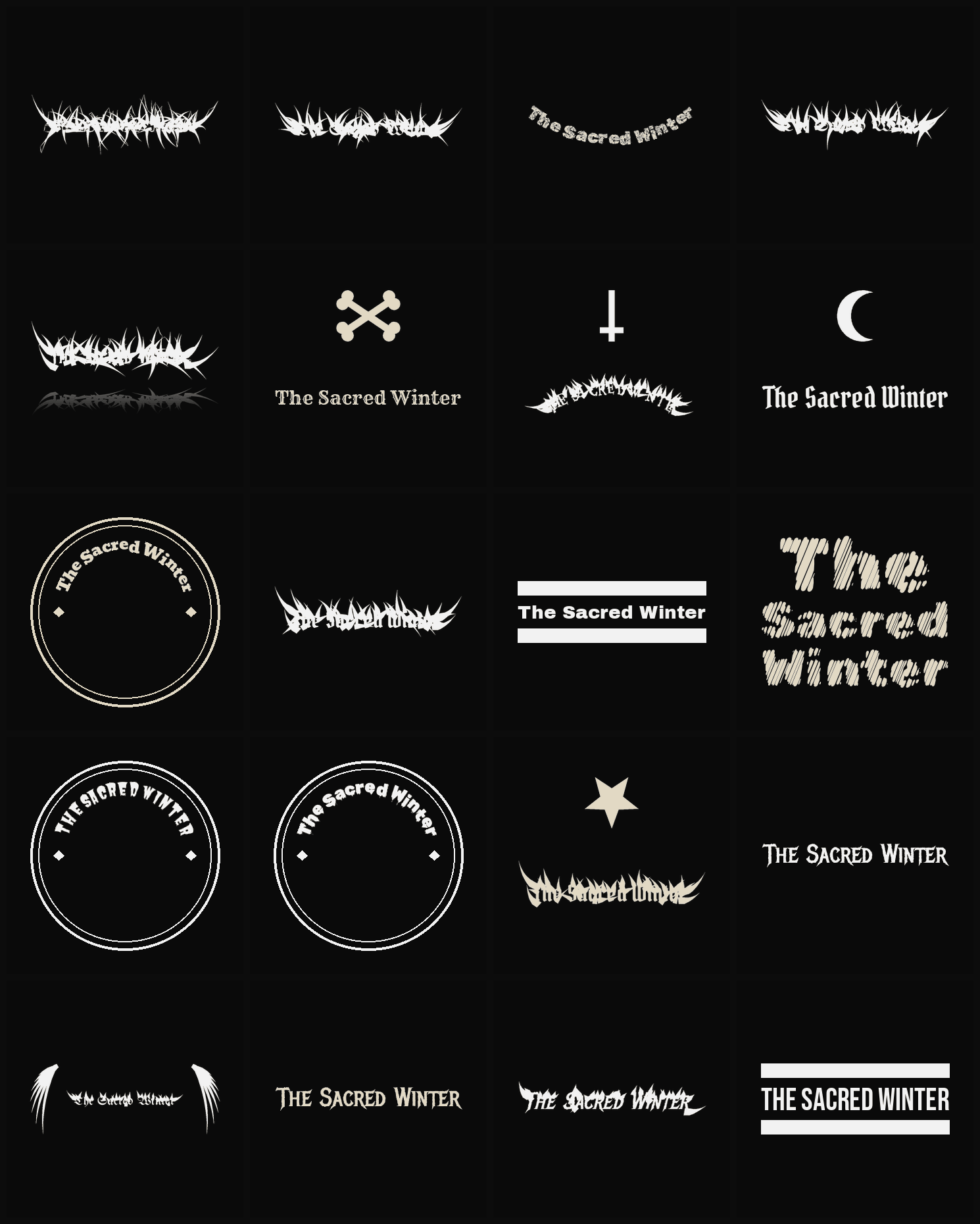 Twenty The Sacred Winter band logo ideas — different faces, treatments and spike settings