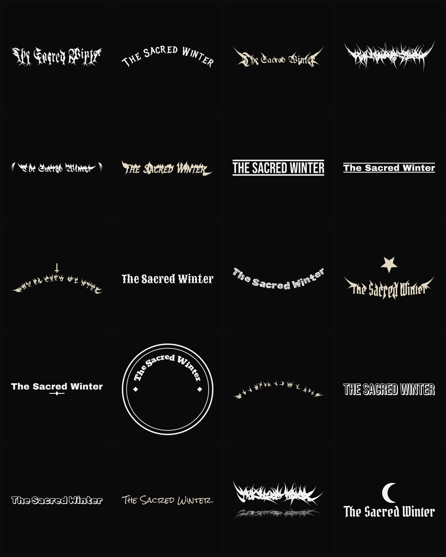 Twenty The Sacred Winter band logo ideas — different faces, treatments and spike settings