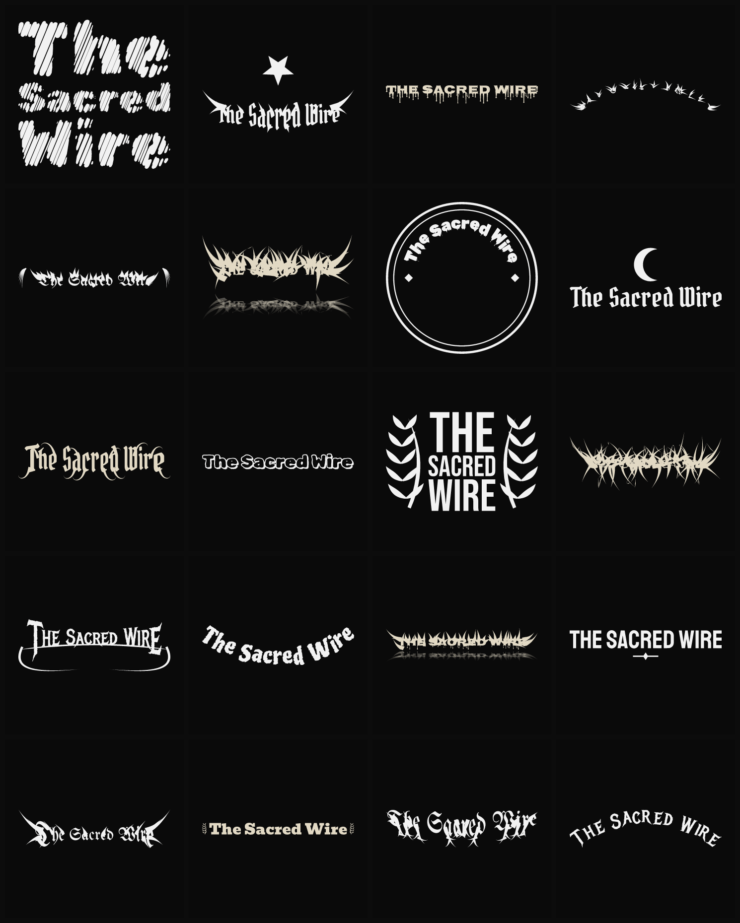 Twenty The Sacred Wire band logo ideas — different faces, treatments and spike settings