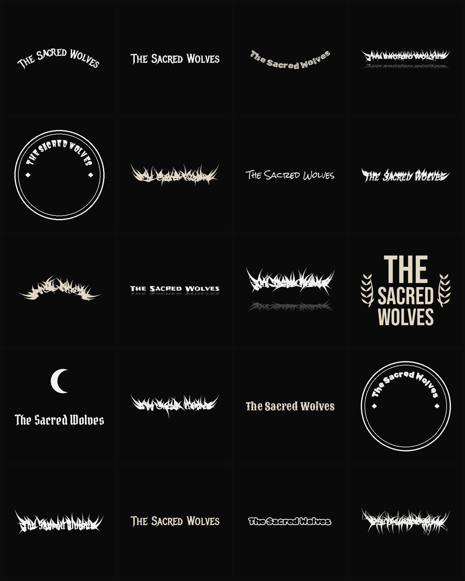 Twenty The Sacred Wolves band logo ideas — different faces, treatments and spike settings