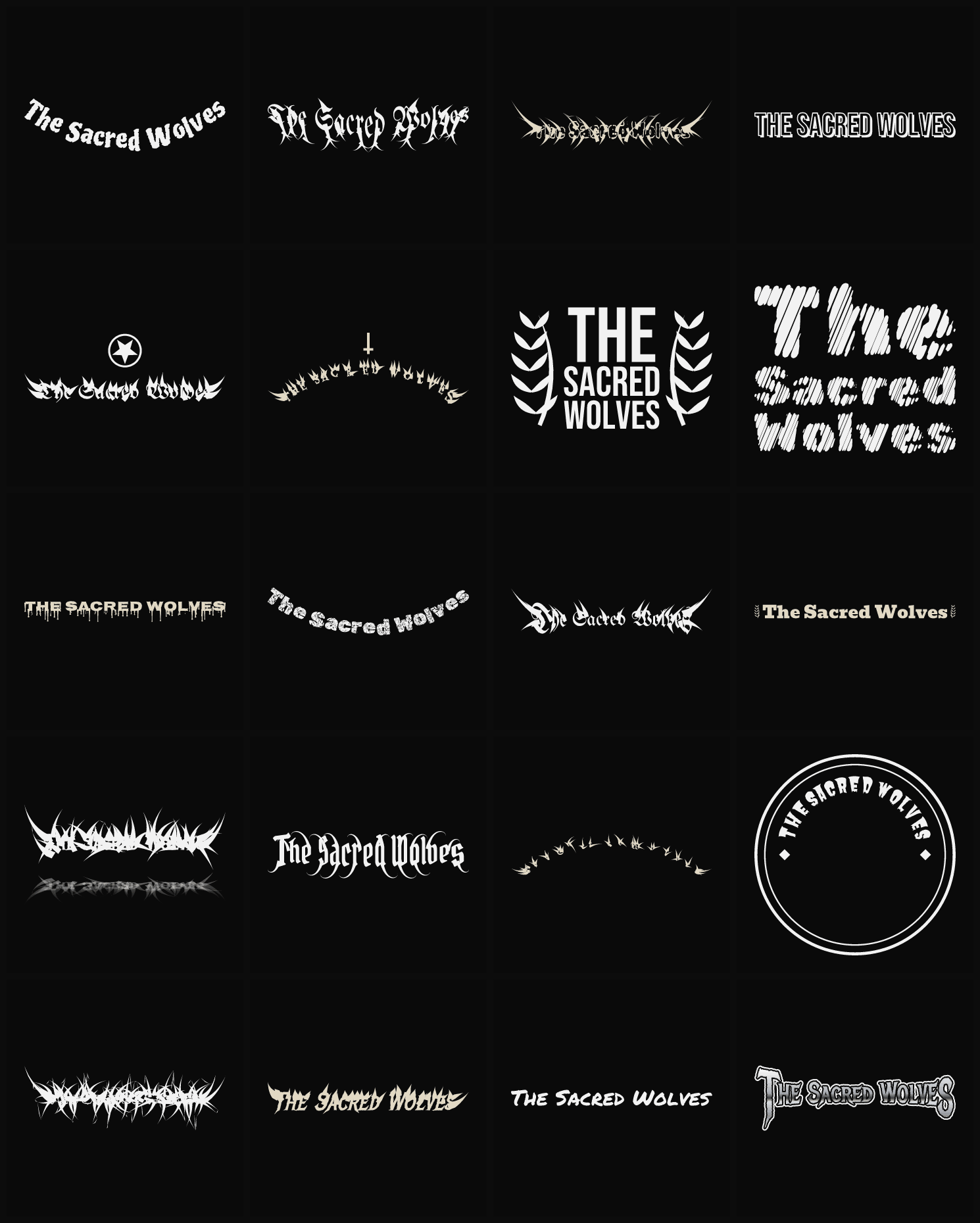 Twenty The Sacred Wolves band logo ideas — different faces, treatments and spike settings